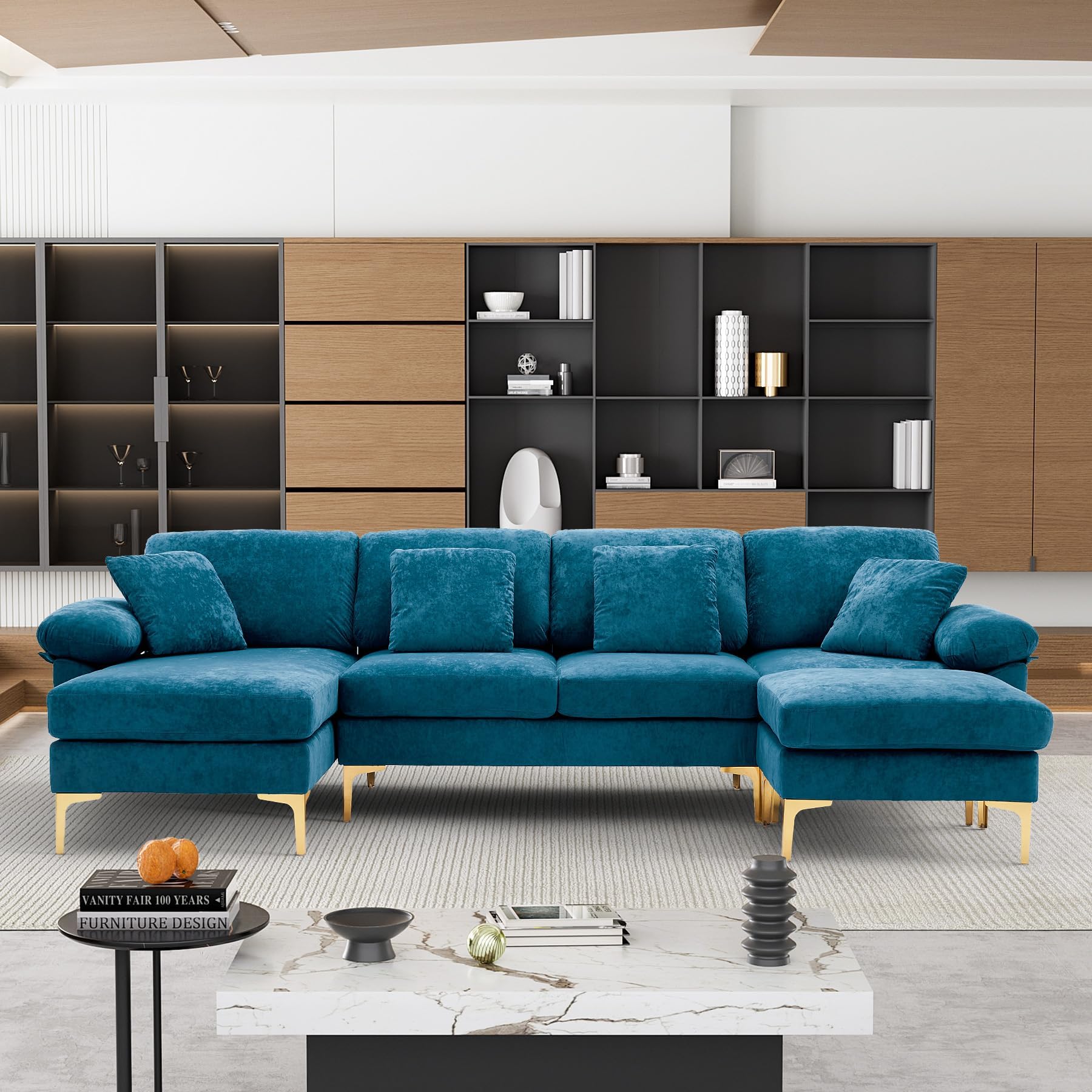U-Shaped Sectional Sofa Couch, 4 Seat Sofa Set for Living Room, Convertible L-Shaped Velvet Couch Set with Chaise Lounge, Ottoman and Pillows,114 inches (Teal Blue)