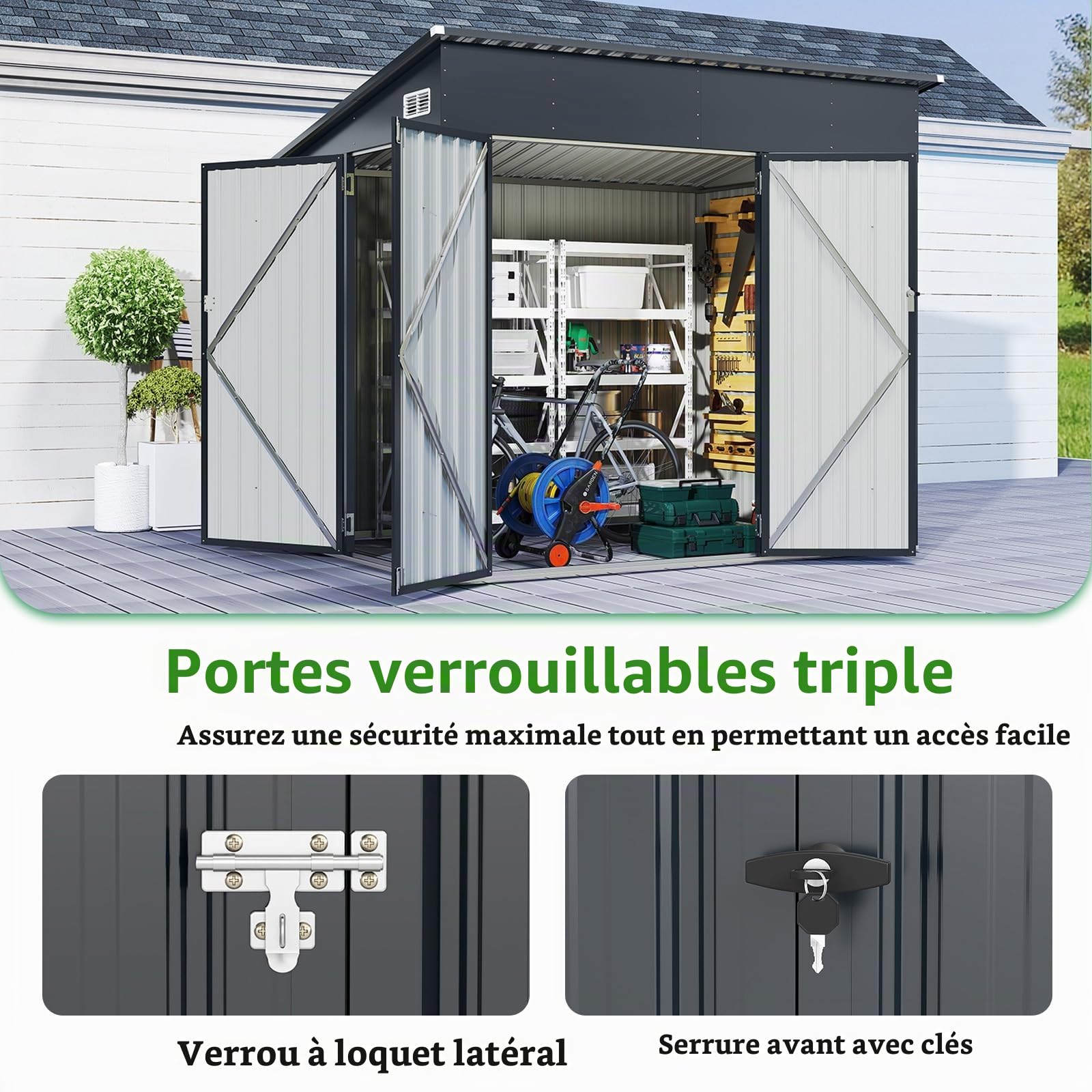 GOPLUS Abri de Jardin en Acier Galvanisé 5,3 M³, 235 x 174 x 197 CM, Cabane de Jardin Exterieur avec 3 Portes, Toit Incliné, Serrure et Clés, Rangement Extérieur avec Gant, pour Cour, Patio et Pelouse