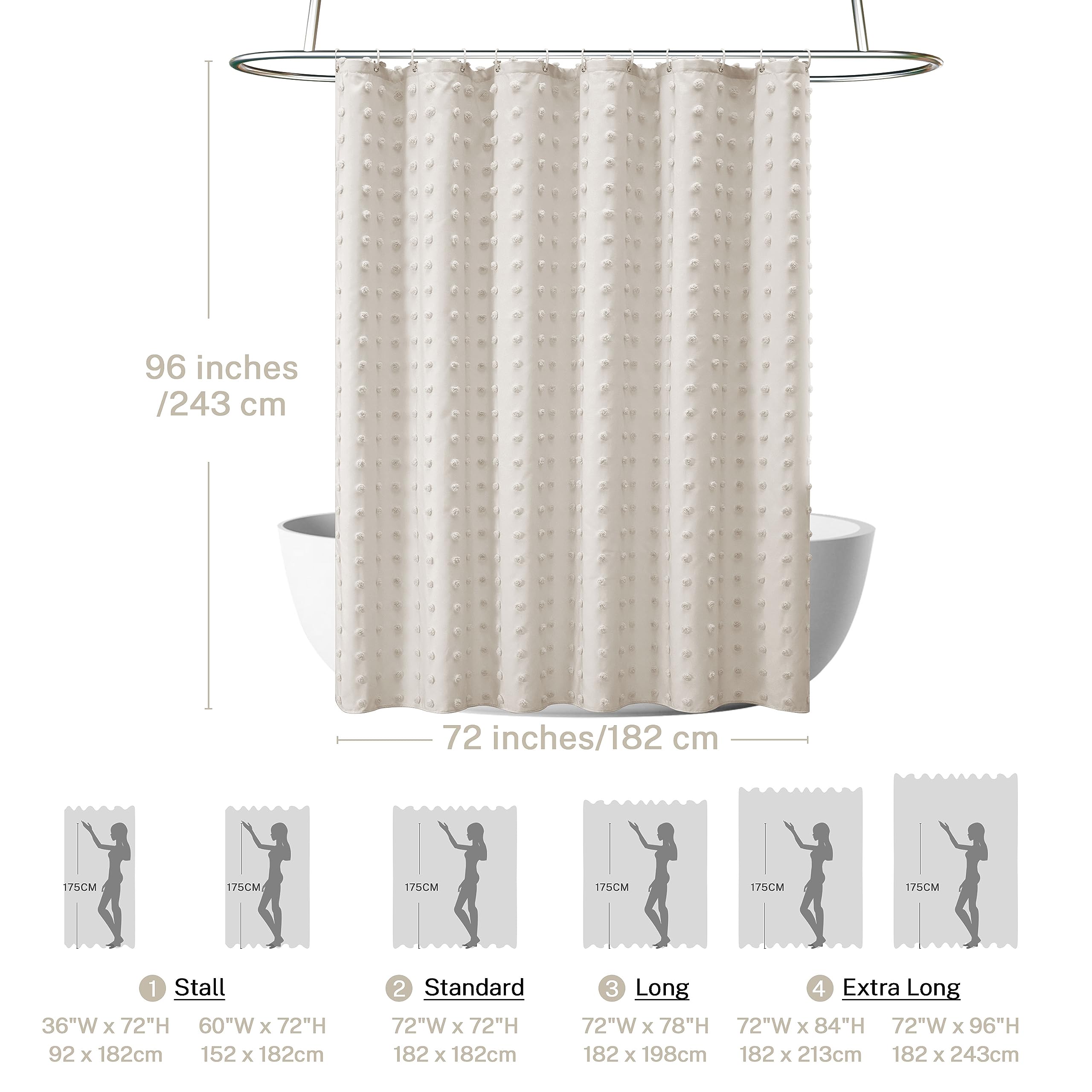 Siiluminisoy Boho-Duschvorhang, extra lang, beige, gewebter Stoff, süß, 183 x 244 cm, getuftet, Plissee, florale Puffs, strukturiert, modern, Landhaus, minimalistisch, Set mit Haken für Badezimmer