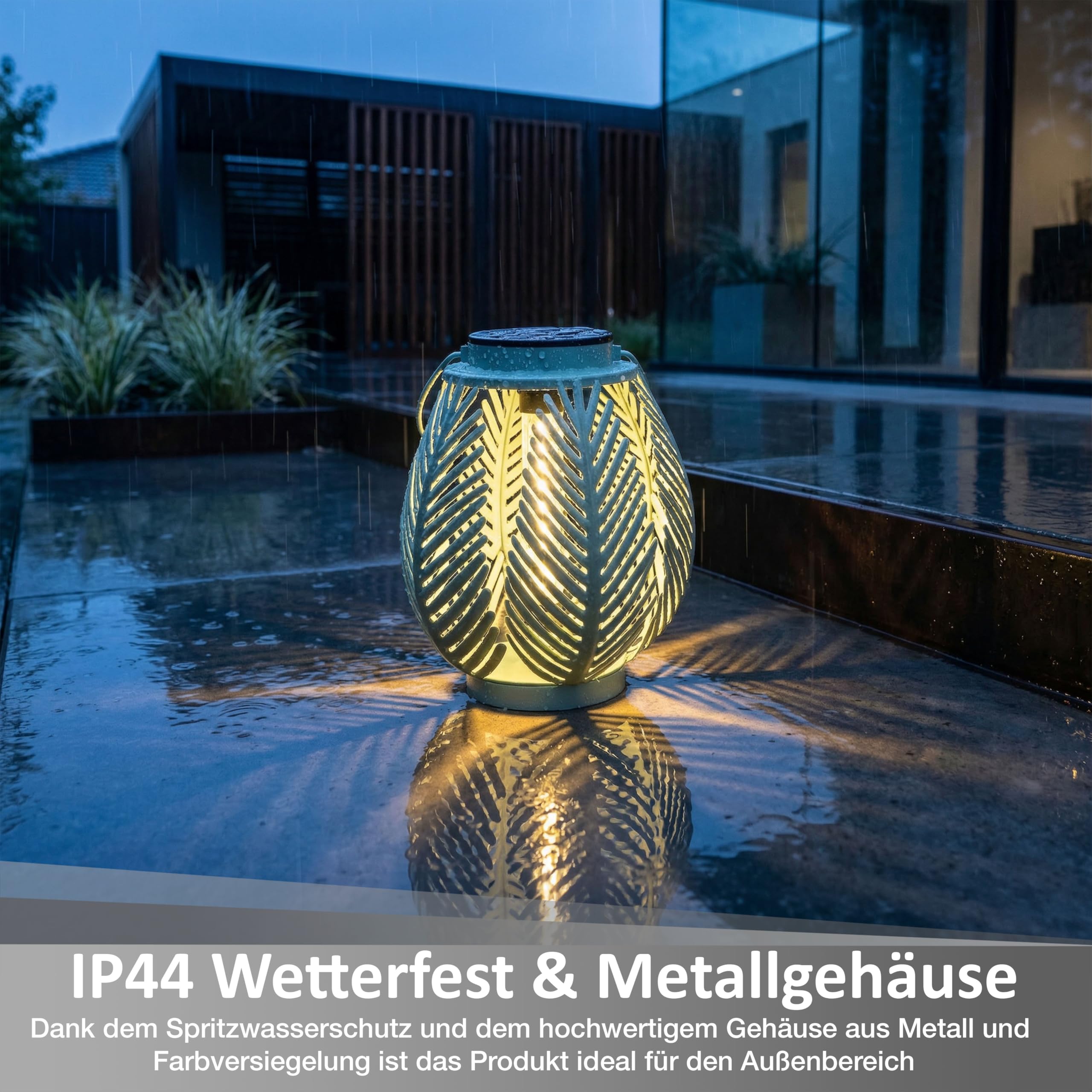 LED Solar Laterne Outdoor – Gartenleuchte mit COB LED Dämmerungssensor Metallgehäuse warmweiß Boho Gartenlampe (Farn-Blätter)