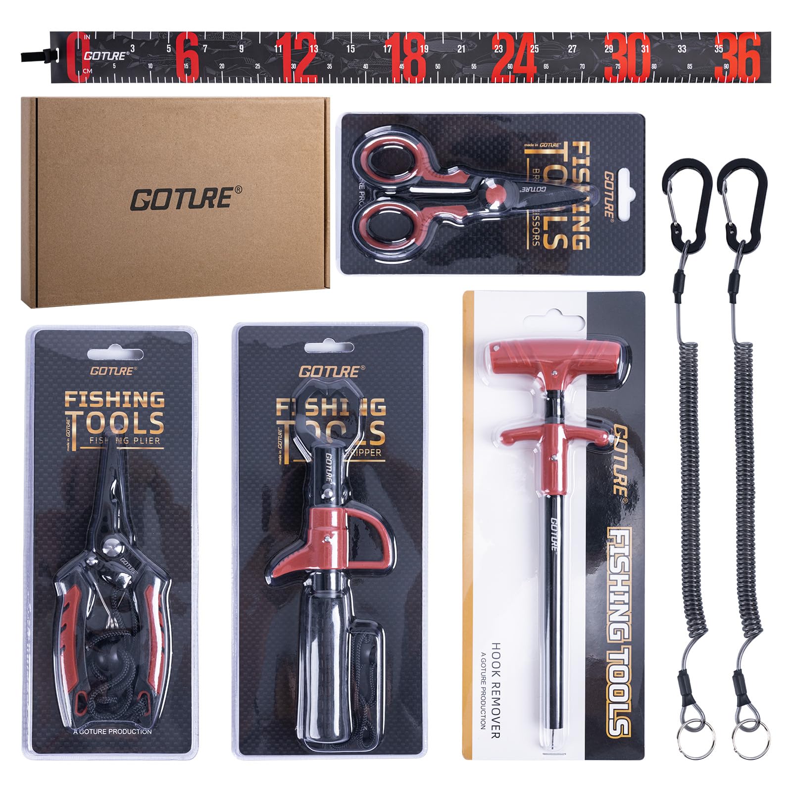 Goture 7Pcs Fishing Tool Kit, Fish Lip Gripper, Fishing Pliers, Fish Hook Remover, Lanyards, Line Scissors, Roll Measuring Tape, Saltwater Gear Kit, Gifts for Men