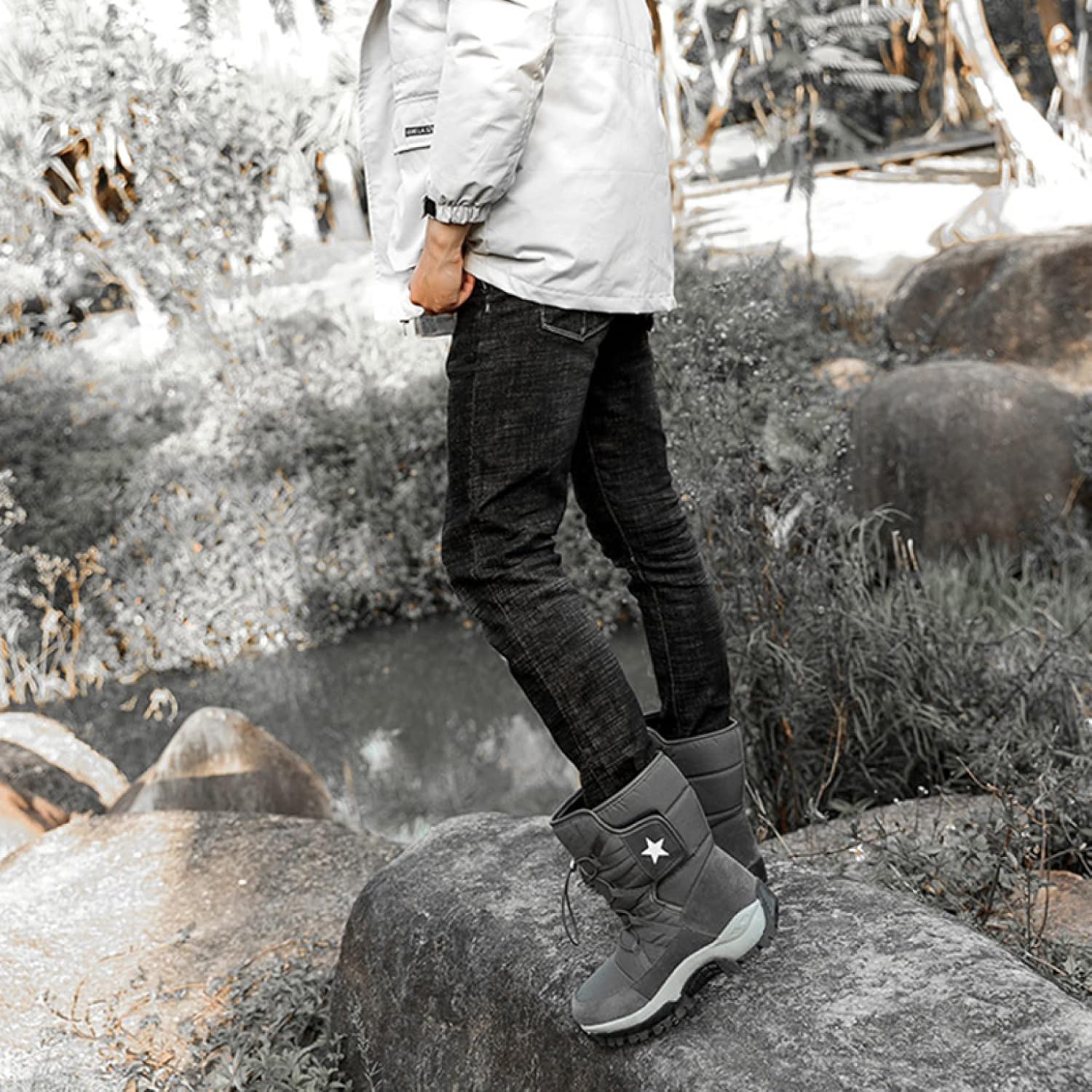 Amazon | [XYZL] 男女兼用 防寒 グレー ブーツ メンズ スノーブーツ