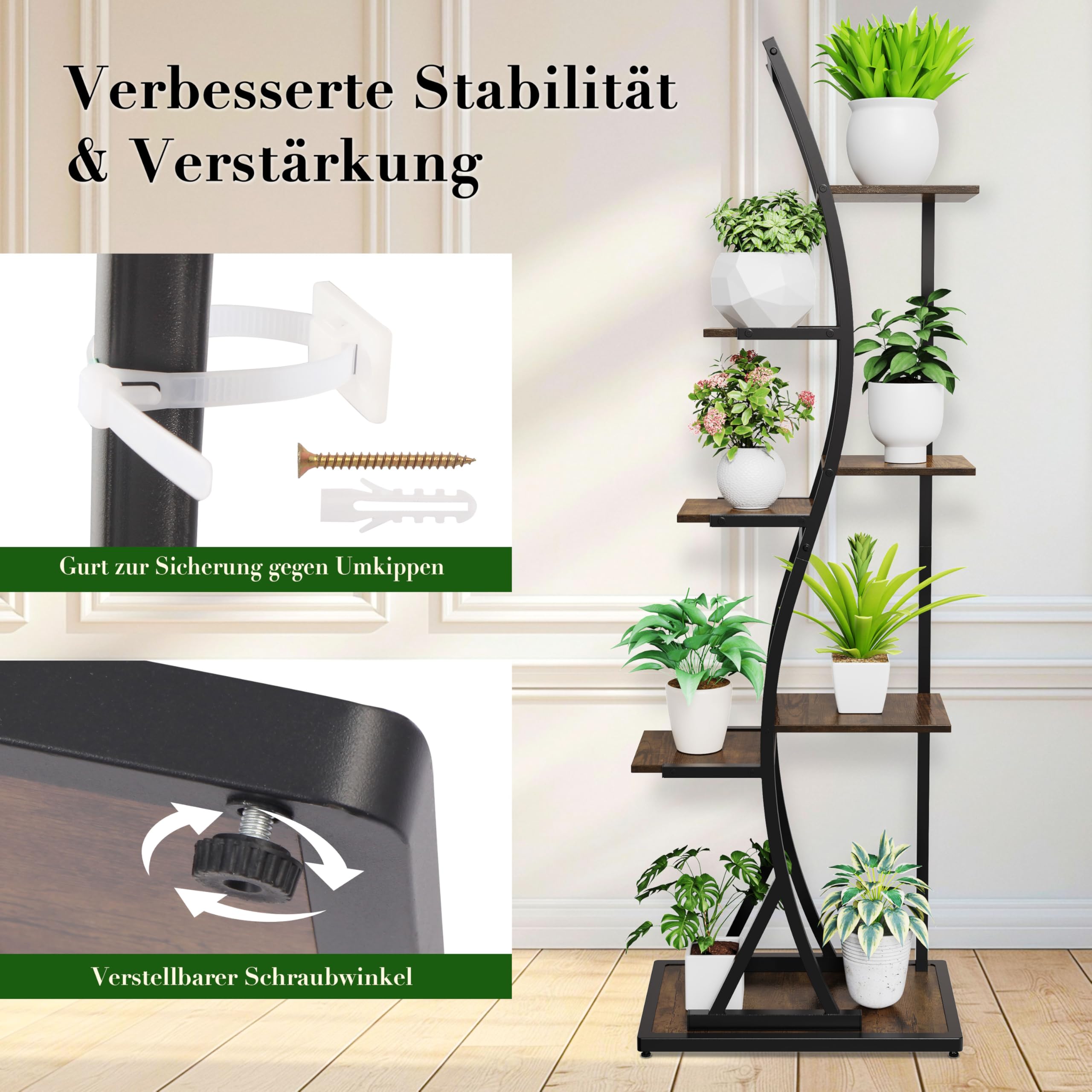 Ribelli 7-stufiger Metall-Pflanzenständer 160cm, Wellenförmiges Pflanzenregal mit Kippschutz, Hoch Blumenständer Pflanzentreppe Blumentopfständer für Balkon Wohnzimmer
