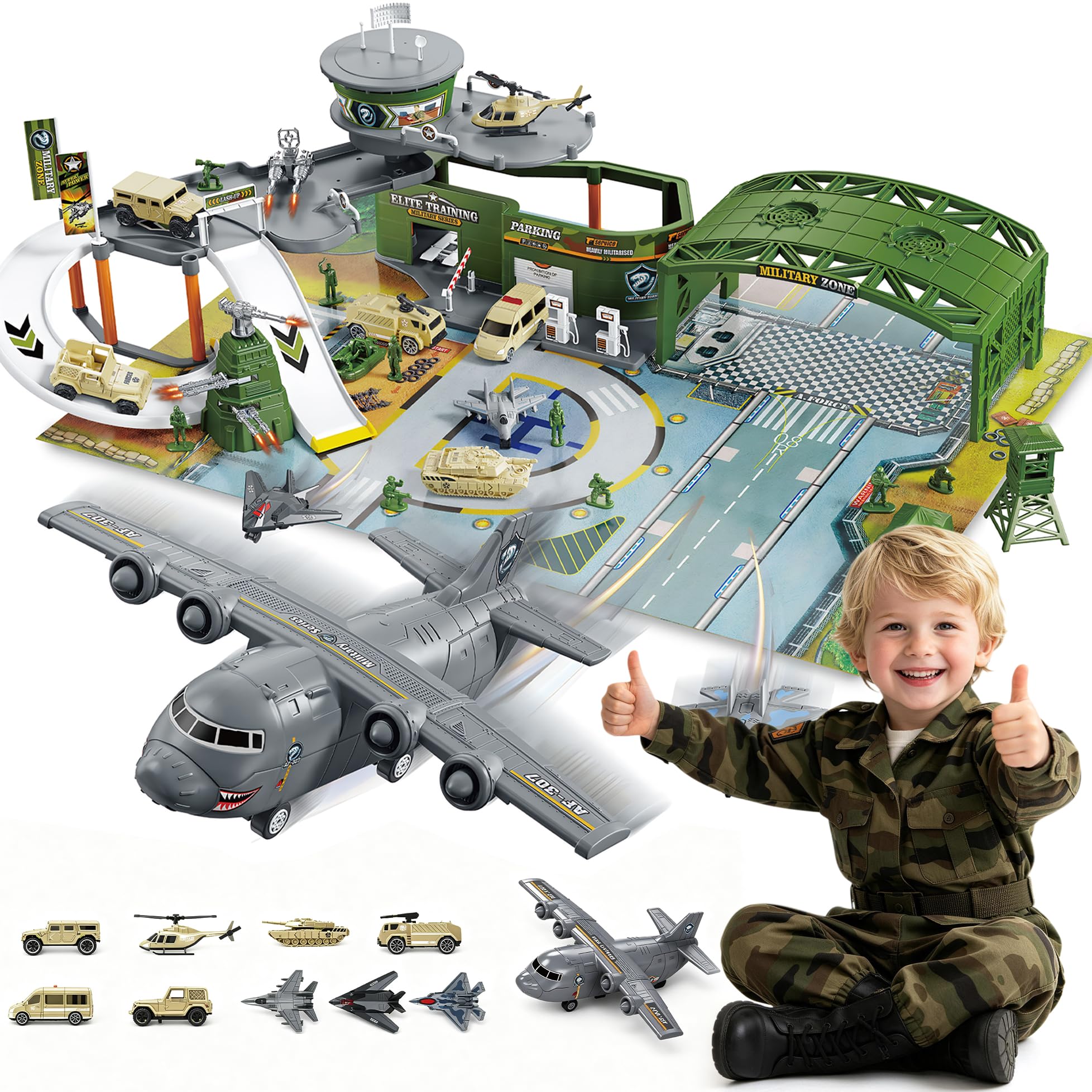 Gioco di base militare con torre di comando, carri armati, elicotteri e aerei, giocattolo educativo per bambini dai 3 anni