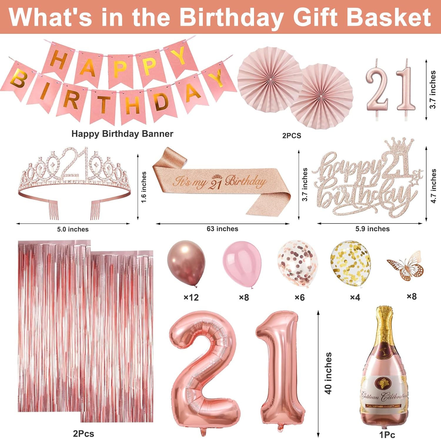 21st Birthday Decorations for Her, Rose Gold Happy 21st Birthday Decorations for Girls, 21 Sash and Crown, Banner, Fringe Curtains, Hanging Paper Fans, 21 Year Old Party Supplies Set