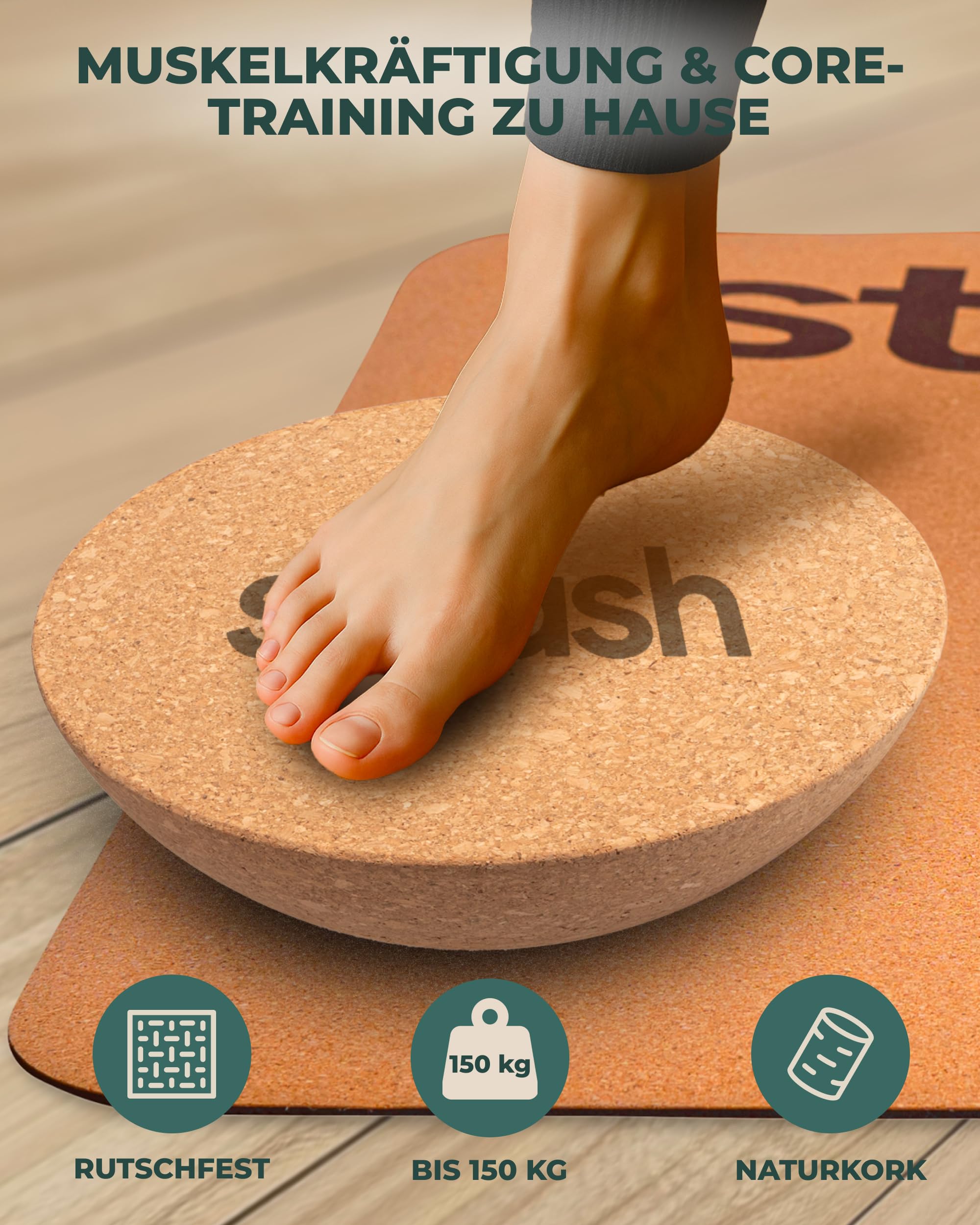 STAASH® Kork-Halbkugel – Balance Trainer Ø30 cm aus Naturkork – Für Yoga, Reha, Fitness & Boardsport – Optional mit Tragebeutel, Antirutschmatte & Massageball – Umweltfreundlich