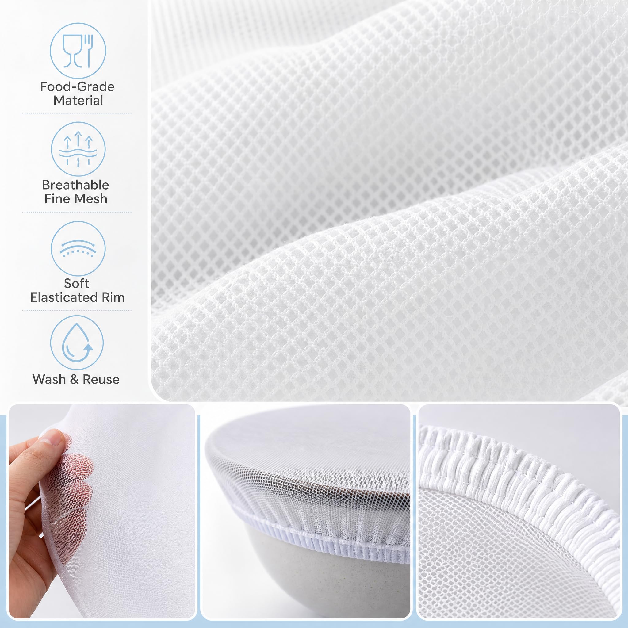 4er Set Lebensmittelabdeckung aus Mesh 20-30cm | Weißes Insektenschutznetz für Trocknen, Gären & Töpfe - Lebensmittelecht, Luftdurchlässig & Sicher