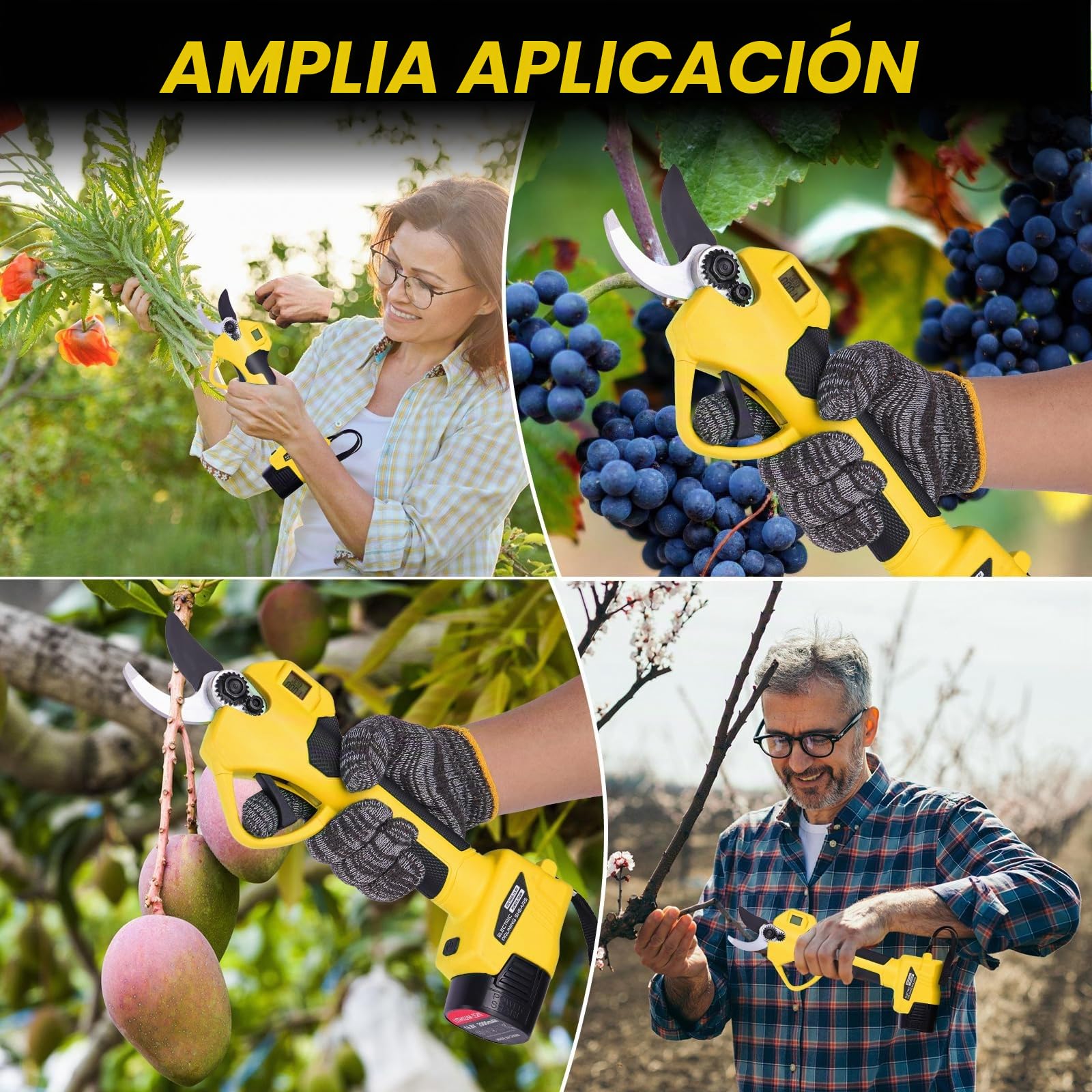 Tijeras de Podar Eléctricas 35mm Profesionales Tijeras de Podar con Baterías 21V 2x 2000Amh Ultraligera SK5 LCD Motor para Viñedos, Olivos, Árboles Frutales Amarillo