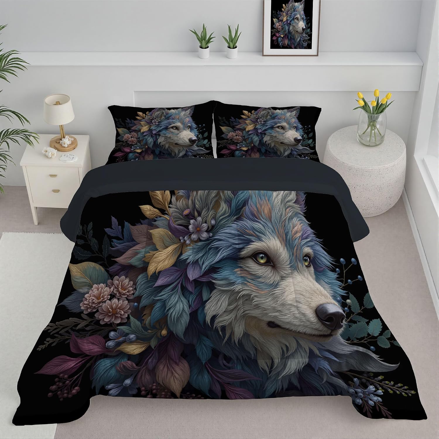 Kids 68" x 86" Coverless Duvet for All Seasons, Reversible Washable 2 Pcs Quilt with Leaves Flowers Patterns, Black Comforter with 1 Pillowcases 50x75cm, Twin
