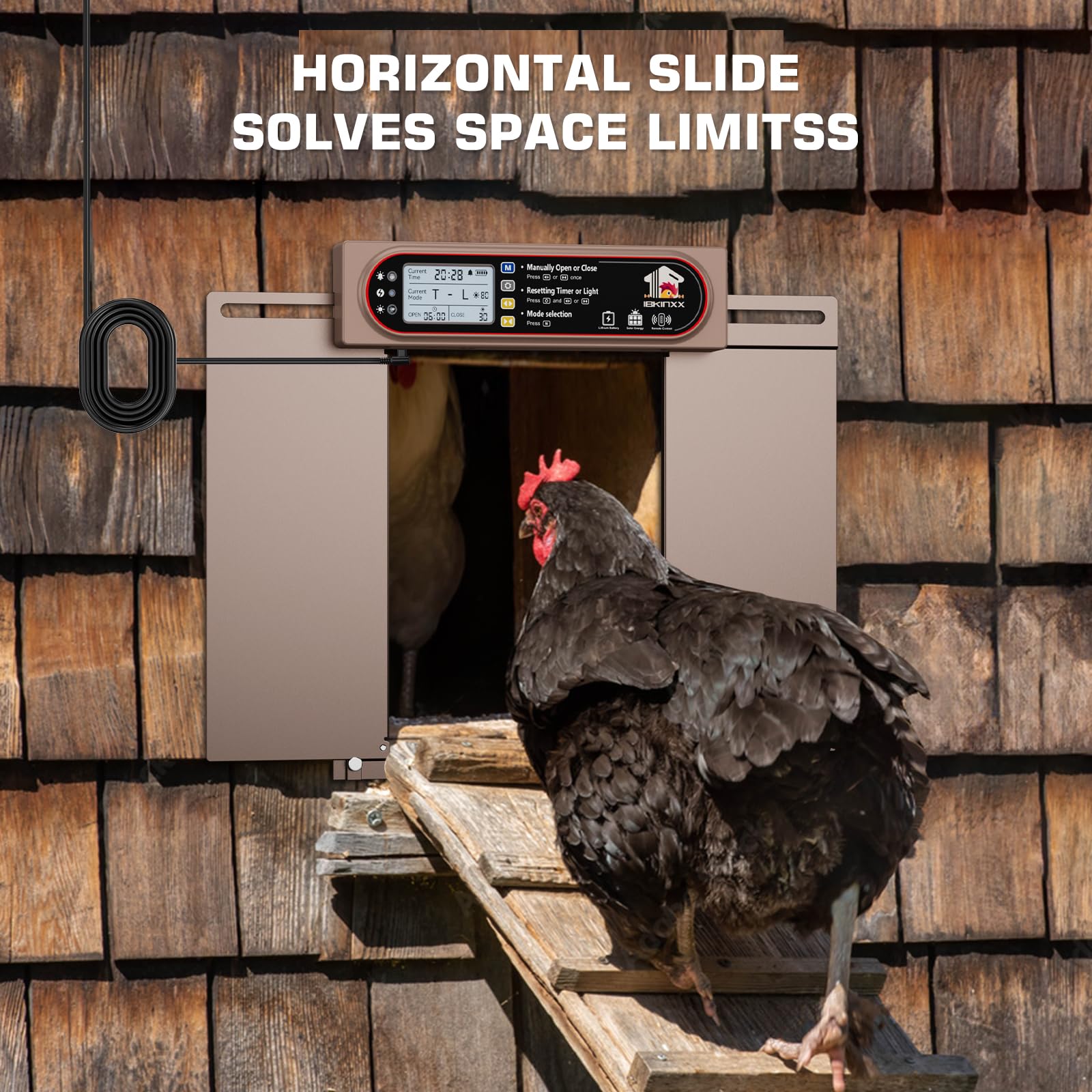Automatic Chicken Coop Door – Horizontal Dual Opening, Solar & USB Power, Light Sensor & Remote
