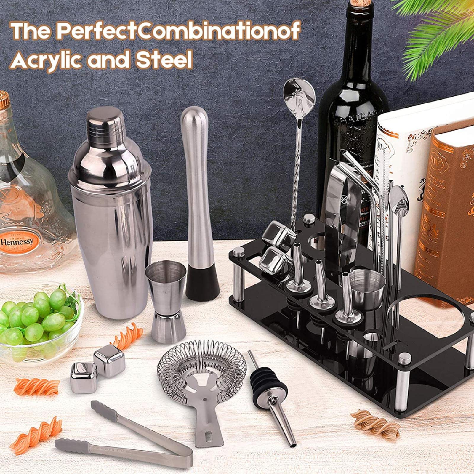 Bartender Set Bartender Kit Juego de coctelera de 16 Piezas de Acero Inoxidable Grano de Hielo Acrílico Soporte para Bebidas Mixtas Bar Herramientas 16-S- (16)