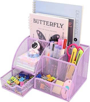 Boutilon Mesh Desk Organizer Desktop Office Supplies Stationary Organizer with 6 Compartments and 1 Drawer Multi-Functional Caddy Pen Holder for Home Office School Desk DecorPale Purple