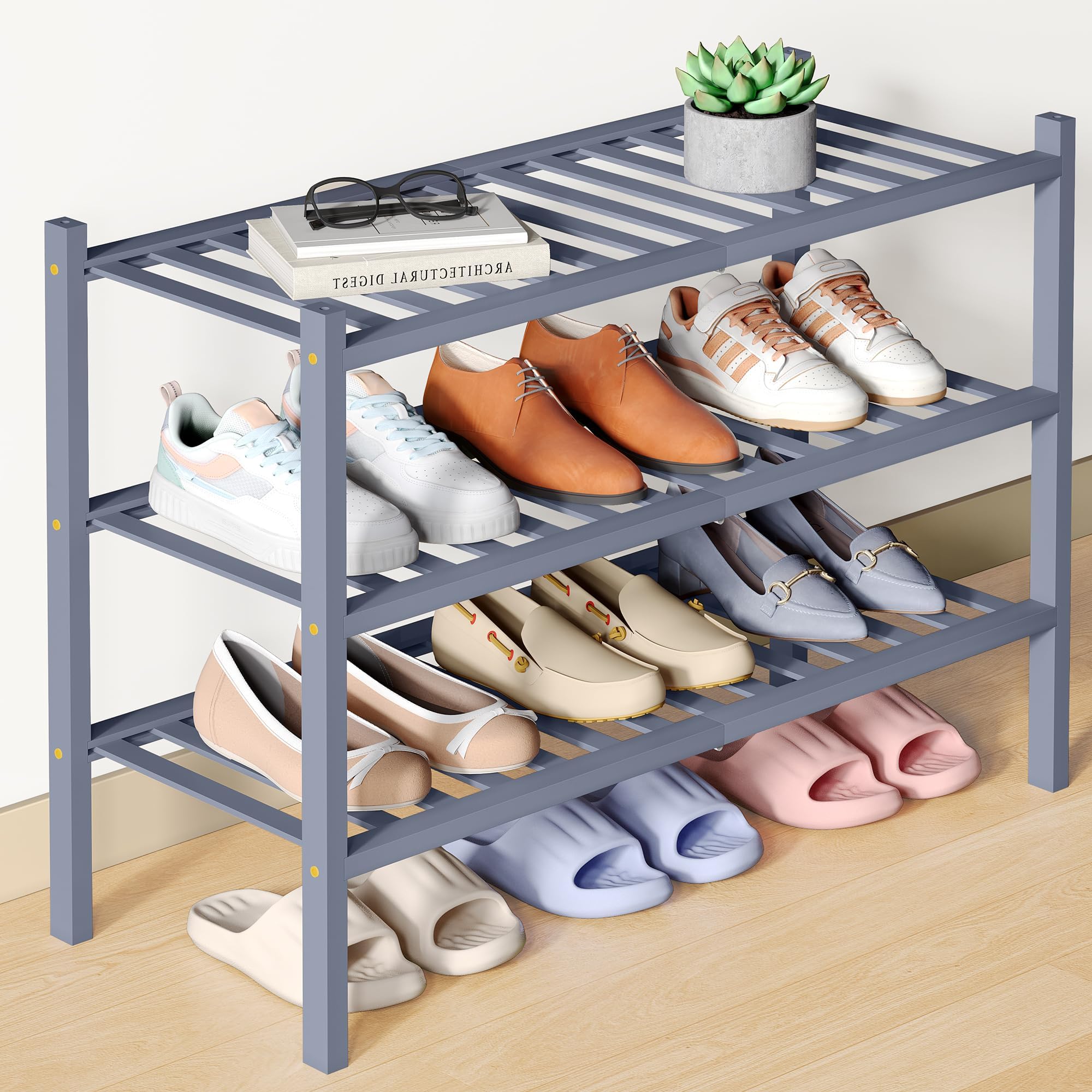 smiry Natural Bamboo Shoe Rack, 3 Tier Wooden Stackable Shoe Storage Organiser, Free Standing Shoes Storage Shelf for Entryway, Hallway, Small Spaces, Living Room, Gray
