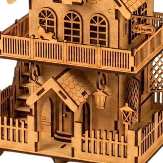 AlgWoodDesign Ahşap Ev Maketi Duvar Dekoru 90 Parça – Peri LED Işıklı DIY Duvara Asılabilir Ev Modeli