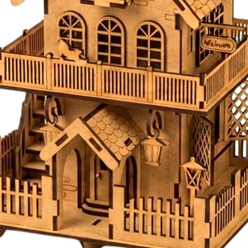 AlgWoodDesign Ahşap Ev Maketi Duvar Dekoru 90 Parça – Peri LED Işıklı DIY Duvara Asılabilir Ev Modeli