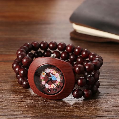 Miniatura 5 de JewelryWe Reloj elástico de madera bohemio pulsera de madera con cuentas Tonneau hecha a mano, esfera floral con banda elástica, reloj de pulsera