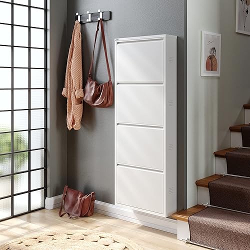 Vista 91 de Gabinete de zapatos de metal de 5 niveles con tapa, organizador de almacenamiento de zapatos duradero para entrada, armario de estante de zapatos