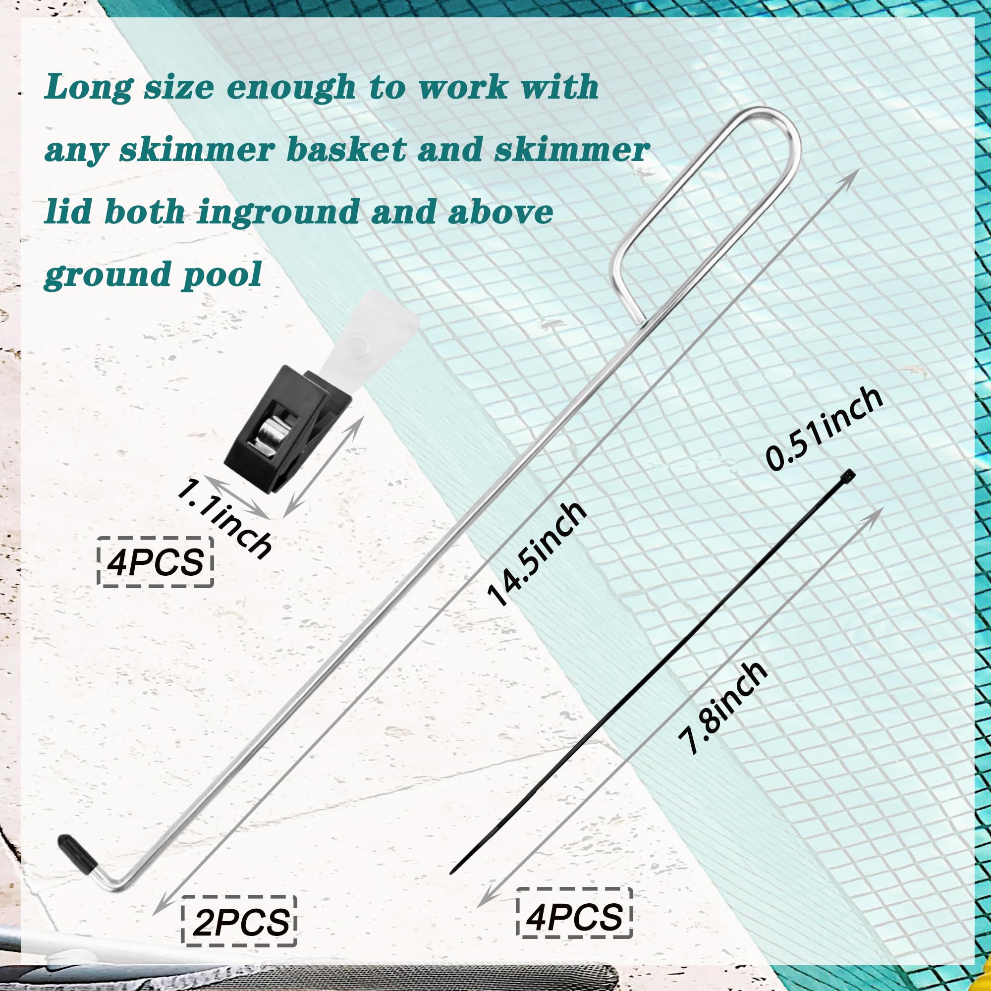 Gancho para cesta de skimmer de piscina, herramienta de mango de extracción de tapa y cesta de acero inoxidable con clips de tira de prueba de piscina para eliminación de escombros, reemplaza