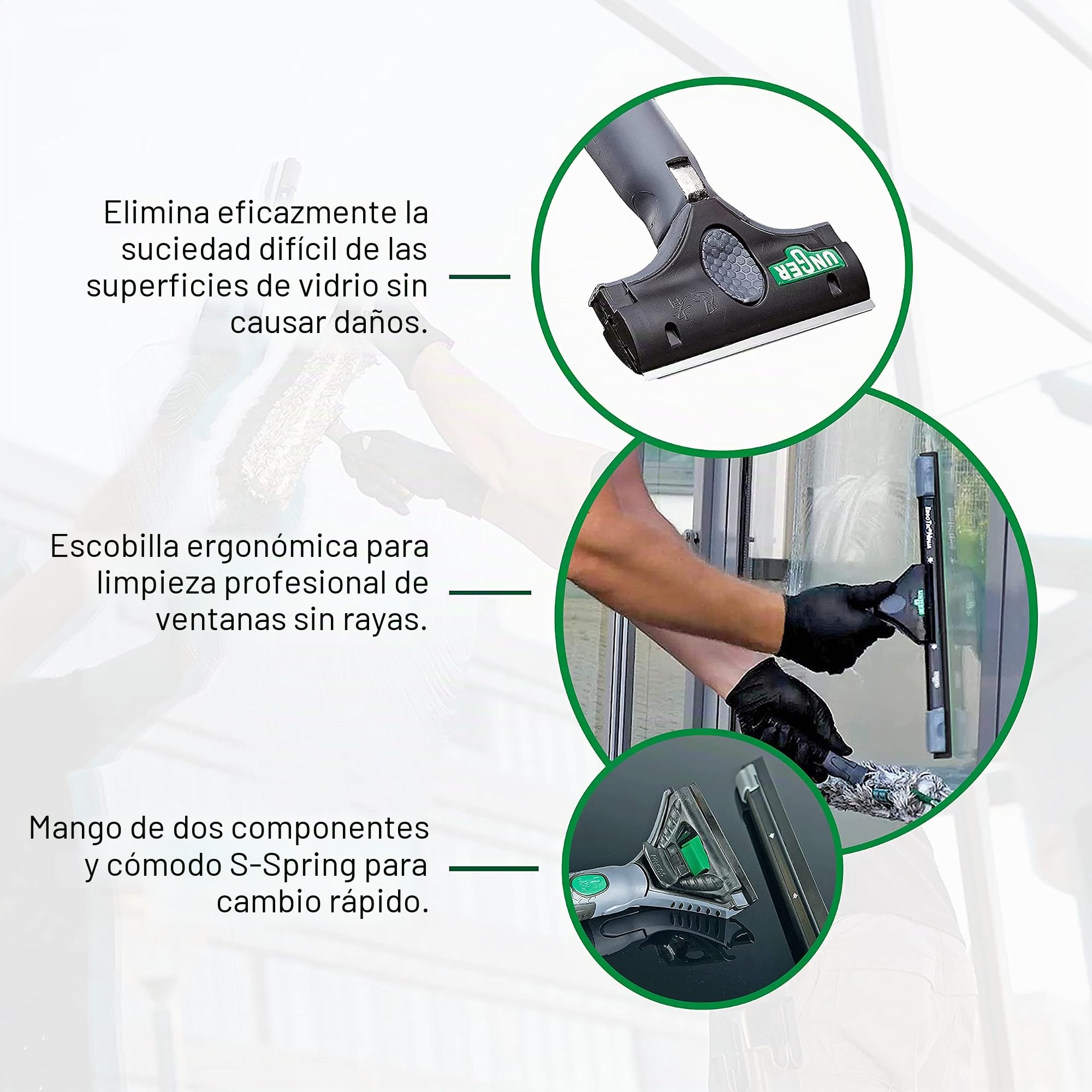 UNGER ErgoTec - Juego completo de limpieza de ventanas Ninja 6 en 1 (limpiador de 35 cm, limpiador de ventanas de 35 cm, paño de microfibra, raspador de cristal, funda, depósito en un cinturón,