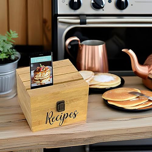 Miniatura 4 de Caja de almacenamiento para tarjetas de recetas de 4 x 6 pulgadas, soporte para teléfonotabletatarjetas en la parte superior del baúl de madera