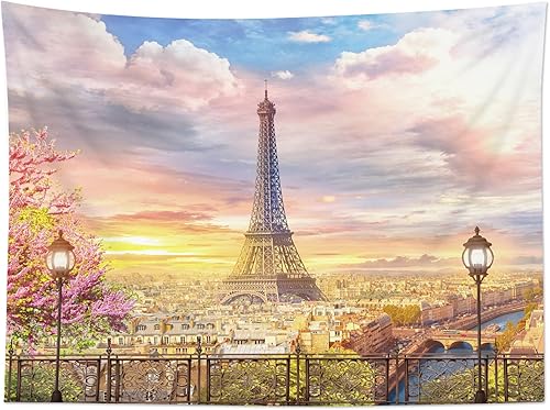Miniatura 5 de HVEST Tapiz de torre Eiffel, paisaje primaveral de ciudad romántica para colgar en la pared, tapices de París para dormitorio, sala de estar,
