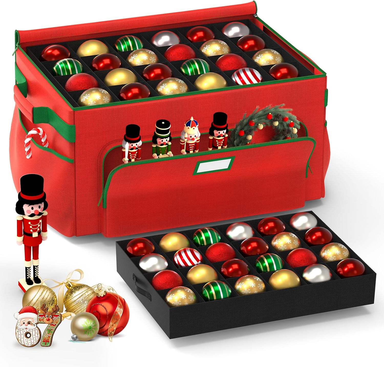 Ornament Storage Box, Large Christmas Ornament Storage Box, Stores 72 4'' Ornaments , Ornaments Storage Containers with 3 Trays, Durable and Portable, 600D Tear-Proof Material, Extra Pockets Red
