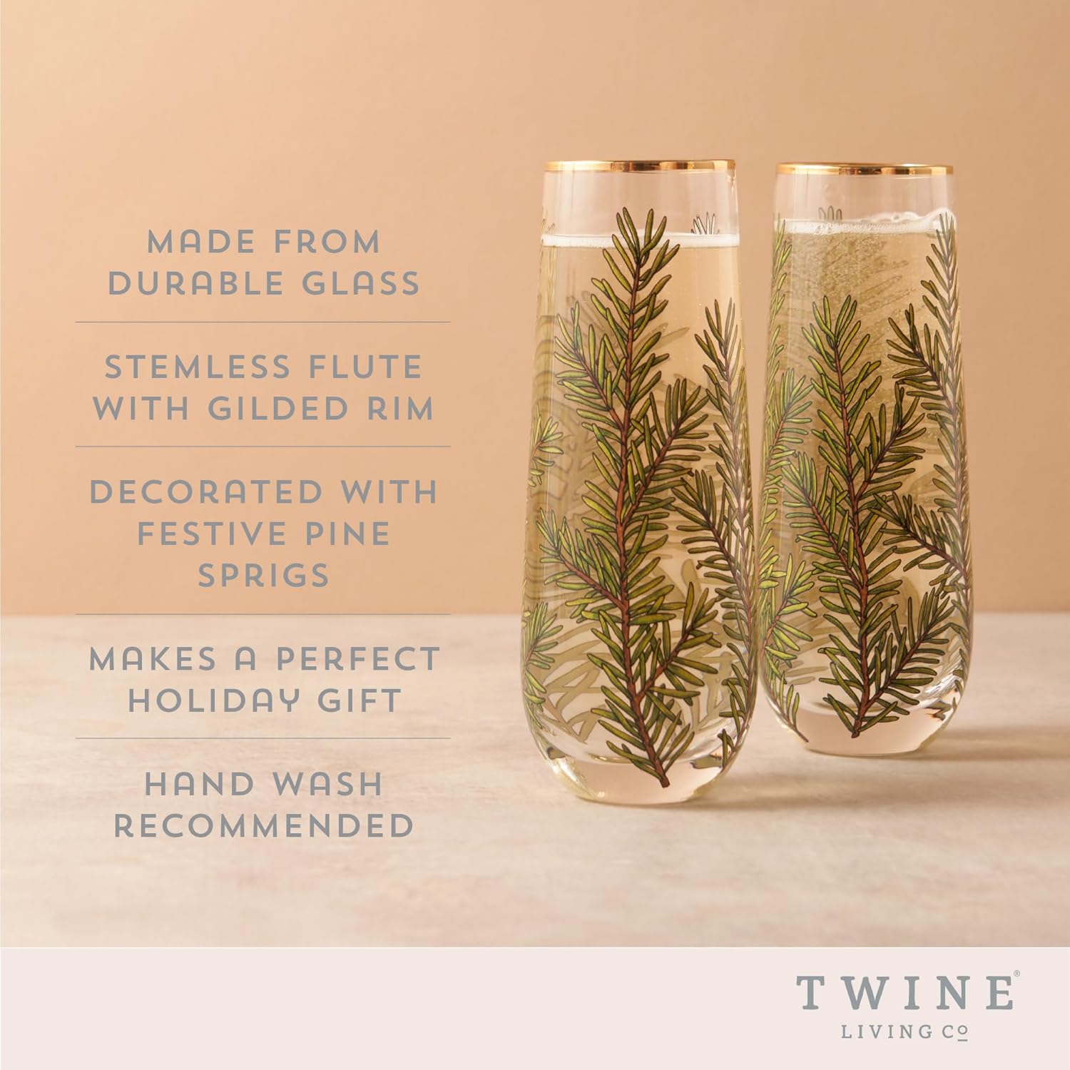 Twine Stemless Champagne Flutes with Gold Rim, Sparkling Wine Glasses for Prosecco, Sparkling Cocktails, Mocktails, Mimosas, Elegant Glassware for Dinner, Holiday Parties, Home Bar, 8 oz, Set of 2