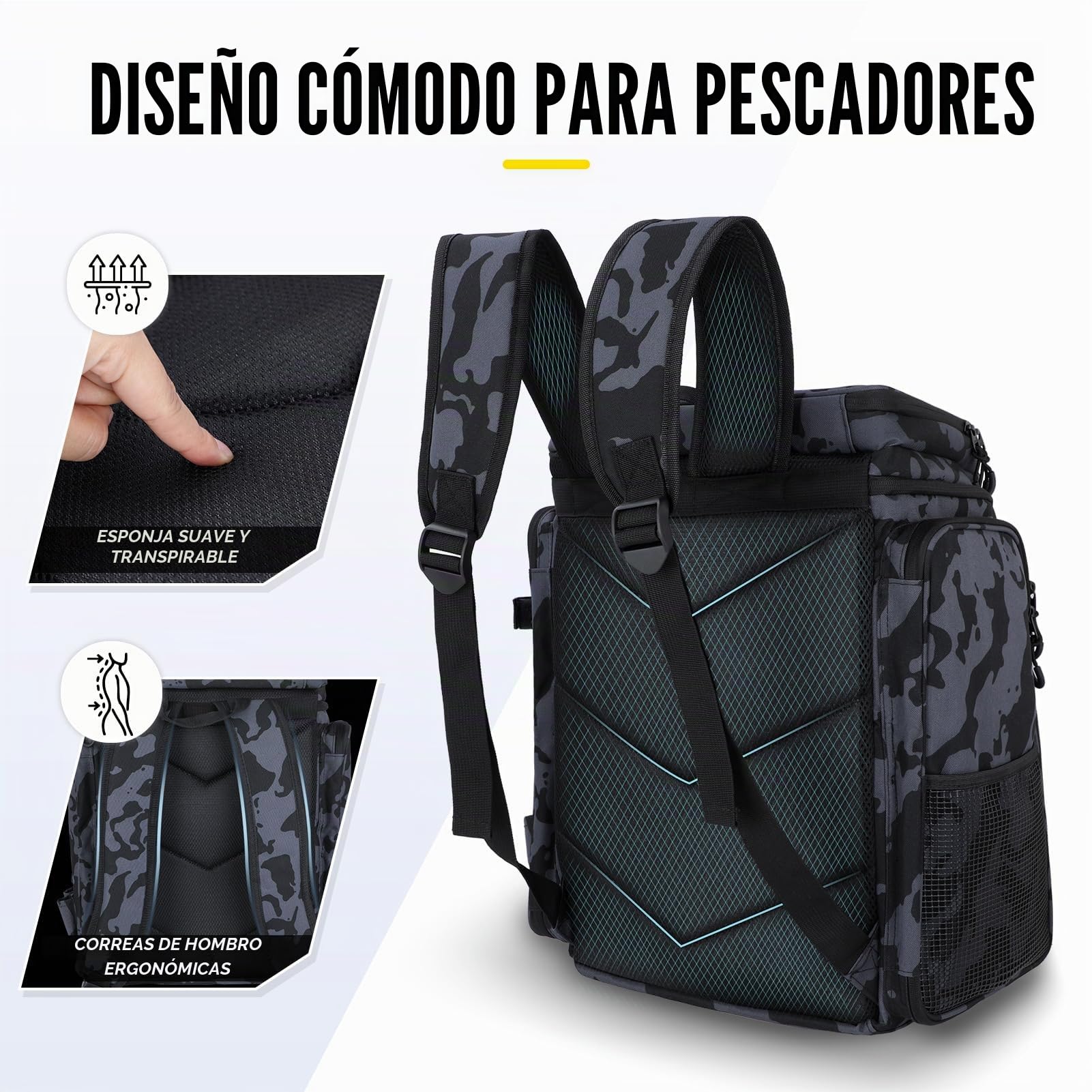 PLUSINNO Mochila para Aparejos de Pesca con Soportes para caña de Pescar, Camuflaje Negro.