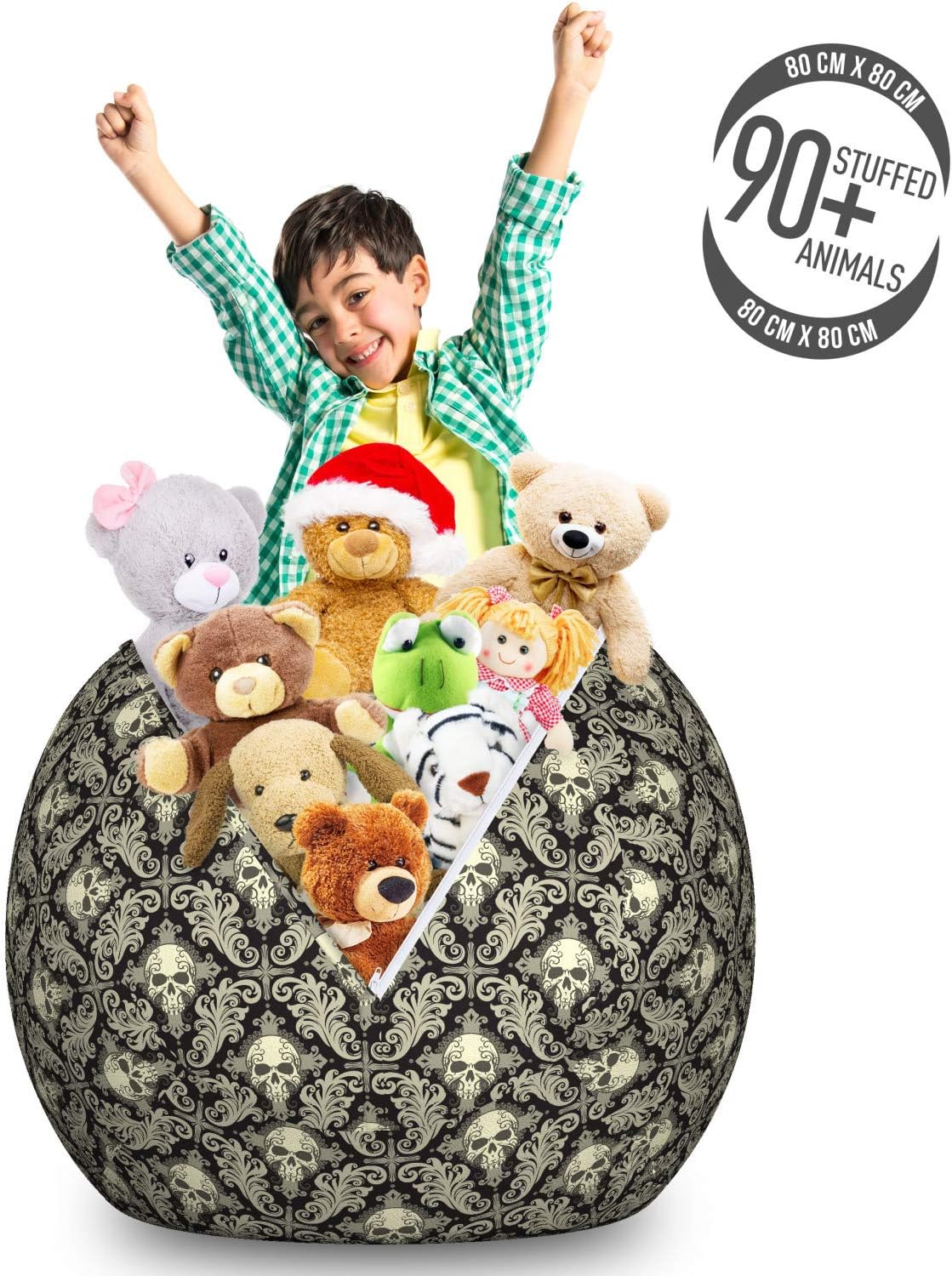 Lunarable Skull Storage Toy Bag Chair, Skulls with Floral Curly Details Antique Victorian Design Gothic Elements, Stuffed Animal Organizer Washable Bag, Large Size, Cream Taupe Black