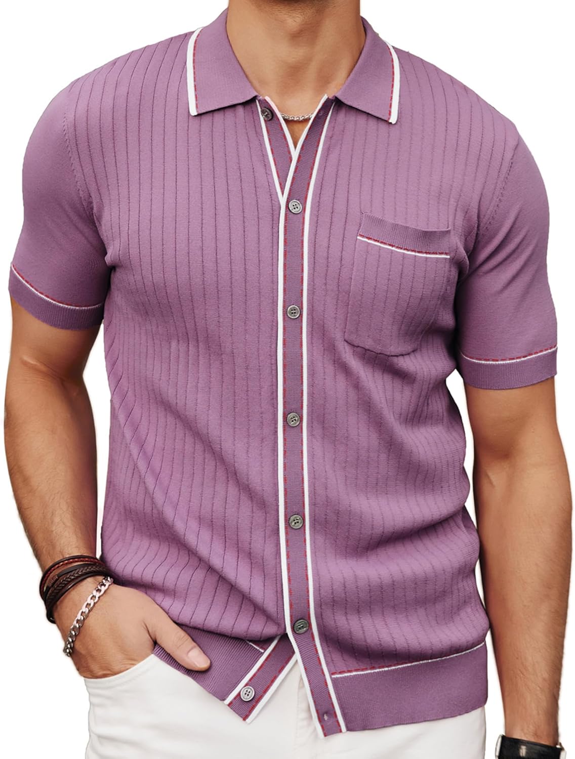 PJ PAUL JONES Mens Knit Shirts Short Sleeve Button Down Casual Shirt Vintage Old Money Polo Shirts Vacation Beach Tops