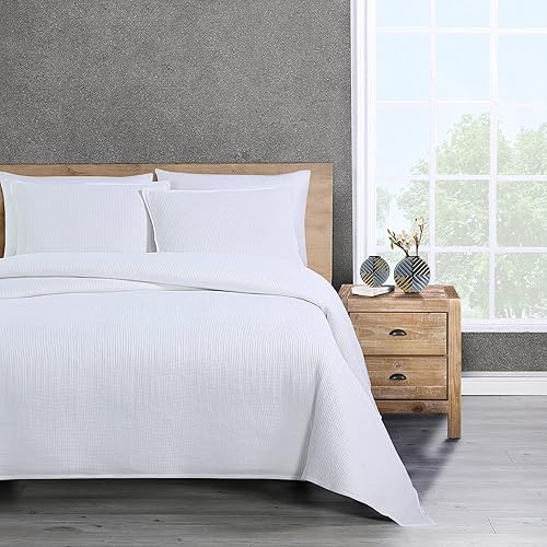 WellBeing by Sunham - Manta de tejido gofre, mezcla de algodónpoliéster, matrimonialqueen, blanco