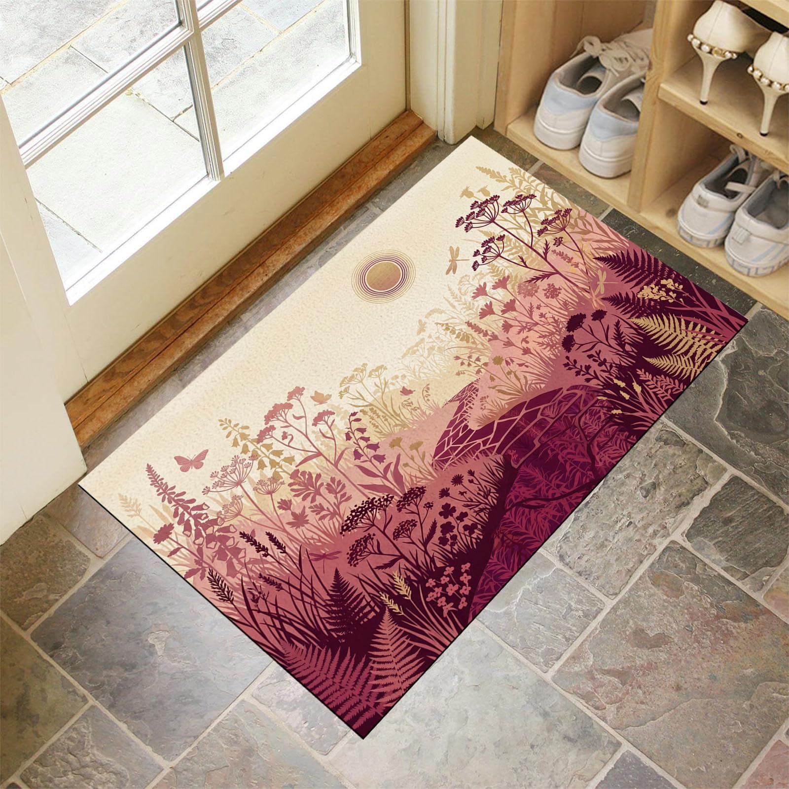 Zerbino Interni Paesaggio Vegetale Rurale 60X90Cm, Antiscivolo Lavabile, Tappeto Da Ingresso Tranquillo Sentiero Nel Giardino, Tappetino Pelo Basso Antipelo Per Porta D’Ingresso, Rosso