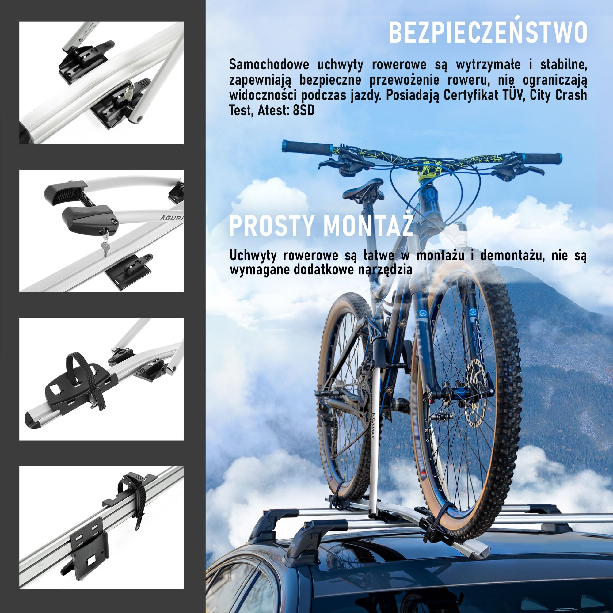 AGURI ACUDA III | Bagażnik Rowerowy, Dachowy Stelaż Rowerowy, Uniwersalny Uchwyt Rowerowy na Dach Samochodu, Zamykany | Obciążenie do 20kg, | Lekka i Wytrzymała Konstrukcja z Aluminium | Srebrny
