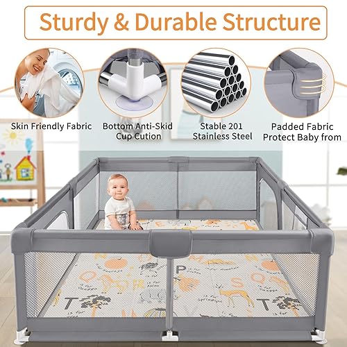 Miniatura 8 de Sour Lemon Corralito para bebés con tapete de juego, 79 x 71 pulgadas, corralito extra grande para bebés y niños pequeños, corral de juego con valla