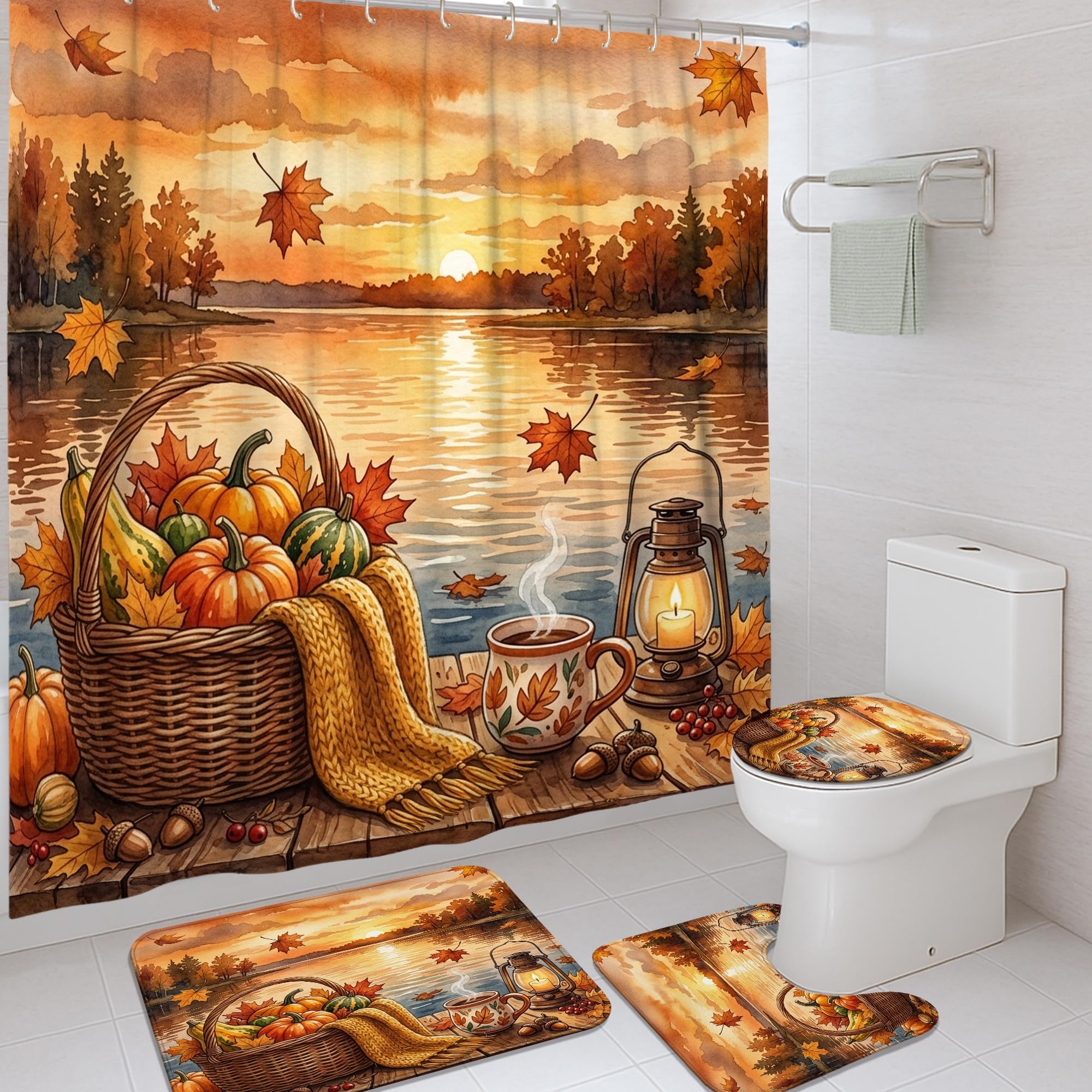 Rideau de douche imperméable anti-moisissure à motif lanterne d'automne orange