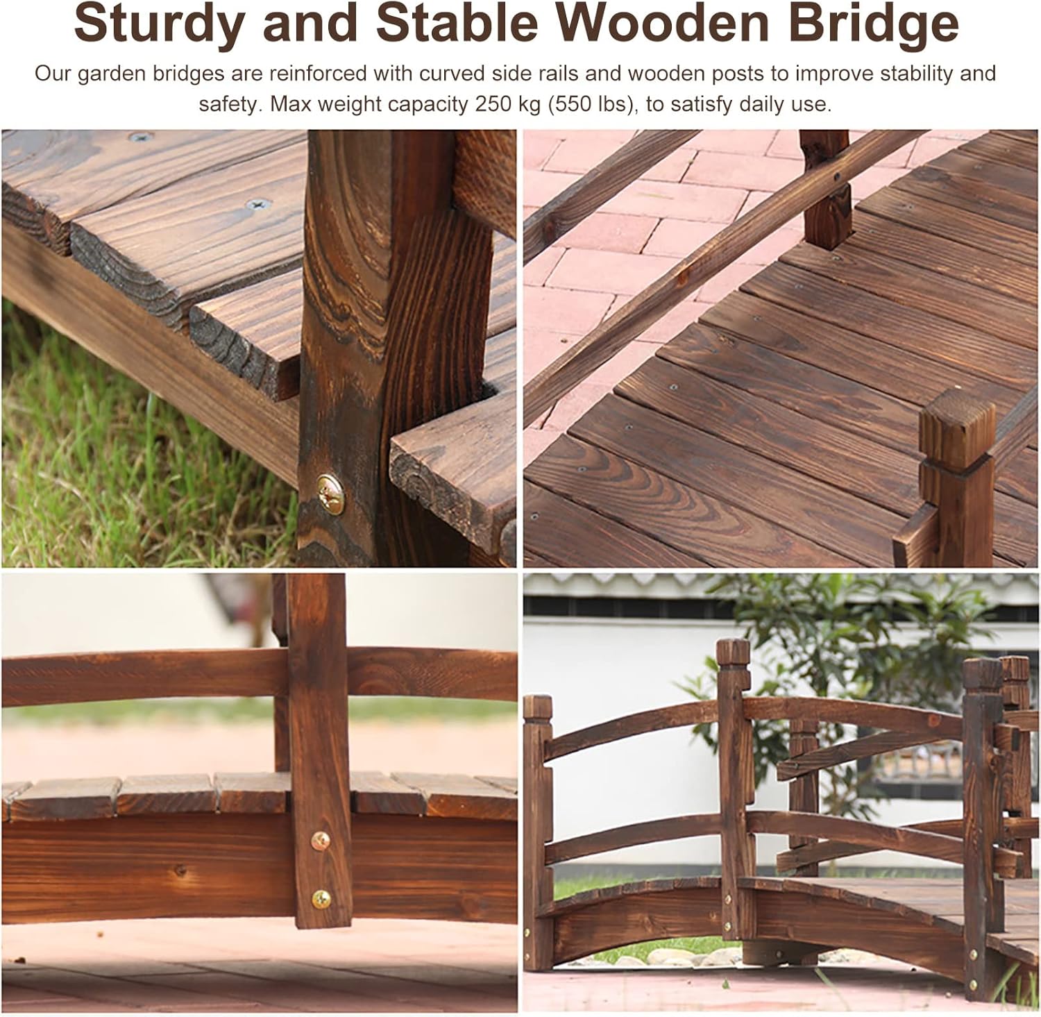 Wooden Garden Bridge Rustic Natural Wood Garden Bridge for Outside, Farm Creek Backyard Small Decorative Pond Bridges/Footbridge, 140cm/ 4.6ft Long