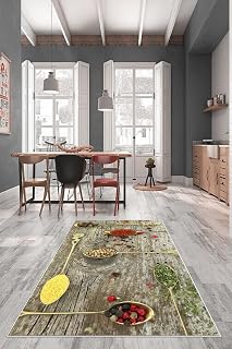 Pelangi Beyaz Zemin Baharat Desenli Yıkanabilir Kaymaz Taban Leke Tutmaz Modern Mutfak Halısı, Bej 120 x 200