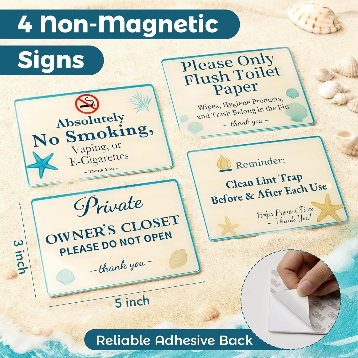 Vacation Rental & BnB Host Starter Kit – 6 Pack (5” x 3”) – Short Term Home Guest Essentials Bundle – Includes WiFi Password, No Smoking, Owner’s Closet & Review Signs – Coastal Beach Decor