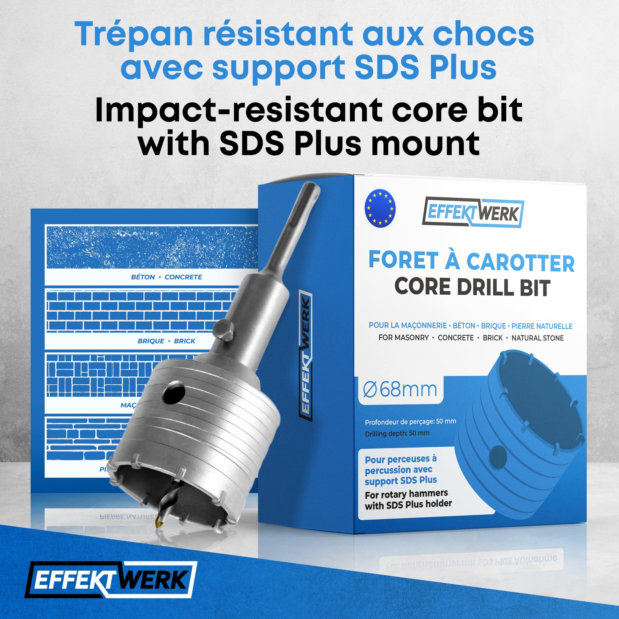 Foret à noyau 68 mm, kit de scie cloche pour béton, brique et pierre, foret creux circulaire avec foret central en carbure et tige SDS Plus