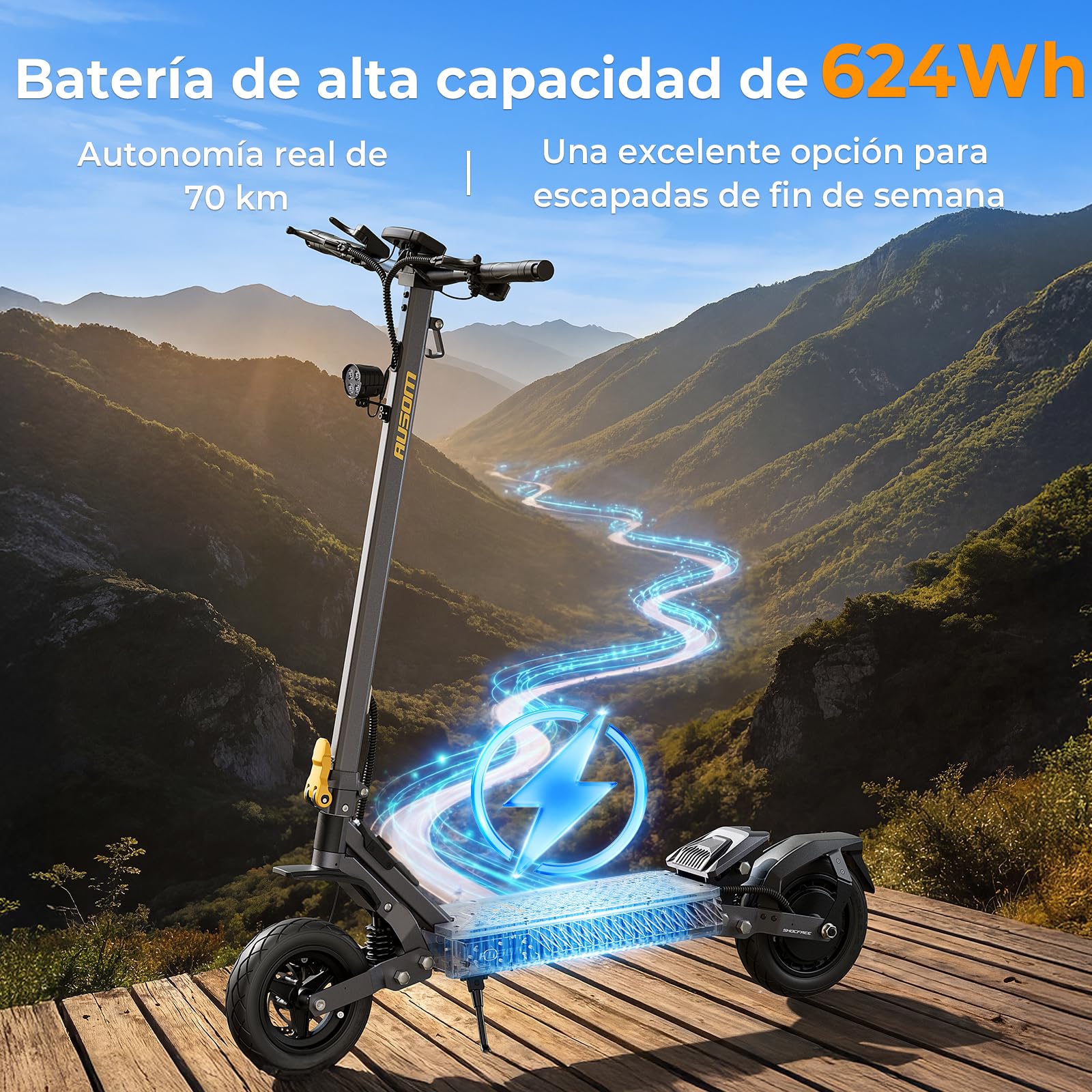 Patinete Eléctrico, Ausom Gosoul 2 para Adultos, Autonomía 70km, Neumáticos 10" Tubeless, Plegable, IPX5, Ideal para Desplazamientos Urbanos