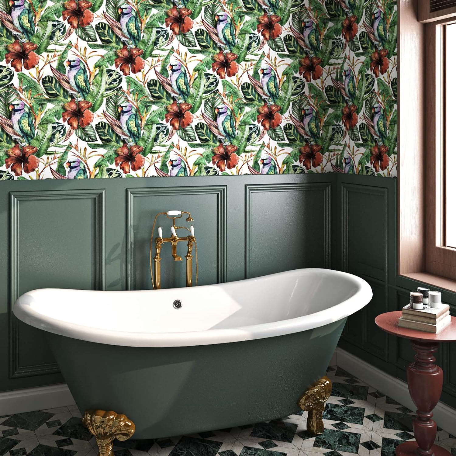 ReWallpaper 17.5in × 23ft Tropical Wallpaper Stick and Peel Green Leaf Wall Decor Red Floral/Parrot Bird Self Stick Wall Paper Tropical Banana/Palm Leaves Waterproof Contact Paper Boho Wall Stickers