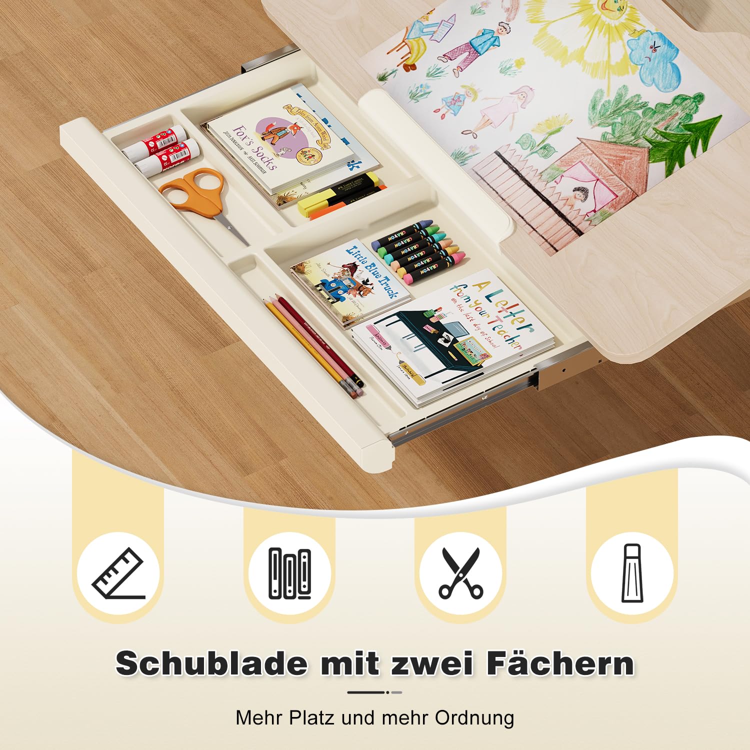 Devoko Kinderschreibtisch, Elektrisch Höhenverstellbarer Schreibtisch mit neigbarer Tischplatte mit Schubladen, Standing Desk mit 3 Speicherplätzen, Schreibtisch Kinder ab 6 Jahren, 120 x 60 cm Beige