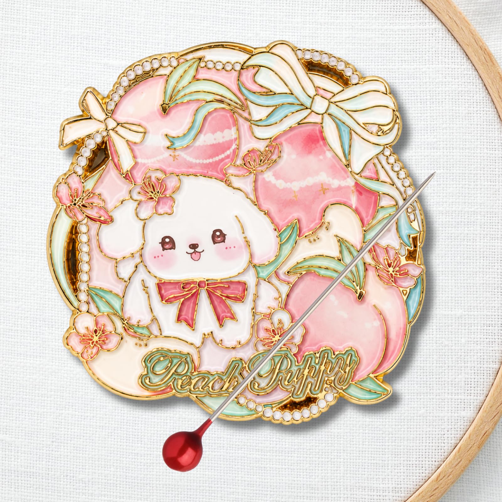 Kalaxy47 Needle Minder Magnet - Exclusive Peach Dog Design, Gold Stamping, 2.4" Large Powerful Magnet for Cross Stitch, Embroidery, Sewing，Fridge Magnet，Safe for Crafters（Peach Dog