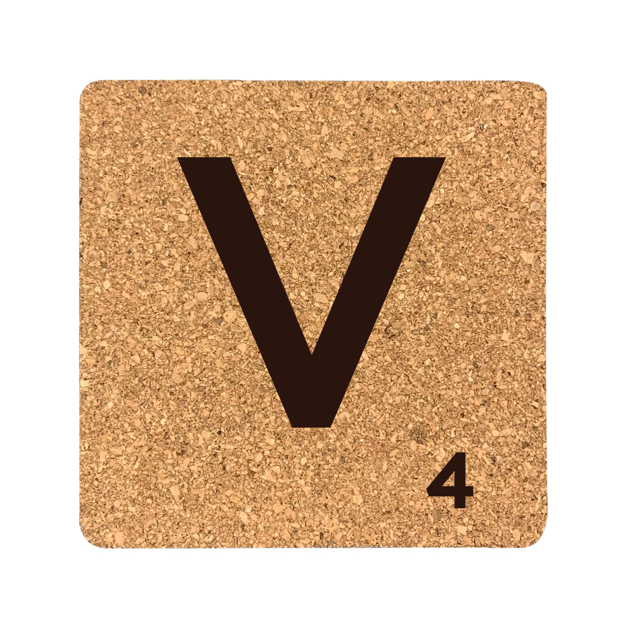 eBuyGB Scrabble Drinks Coasters, Square Cork Coaster, Individual Alphabet Letters, Scrabble Tiles with Score Marks - Personalise Your Own Scrabble Words (V)