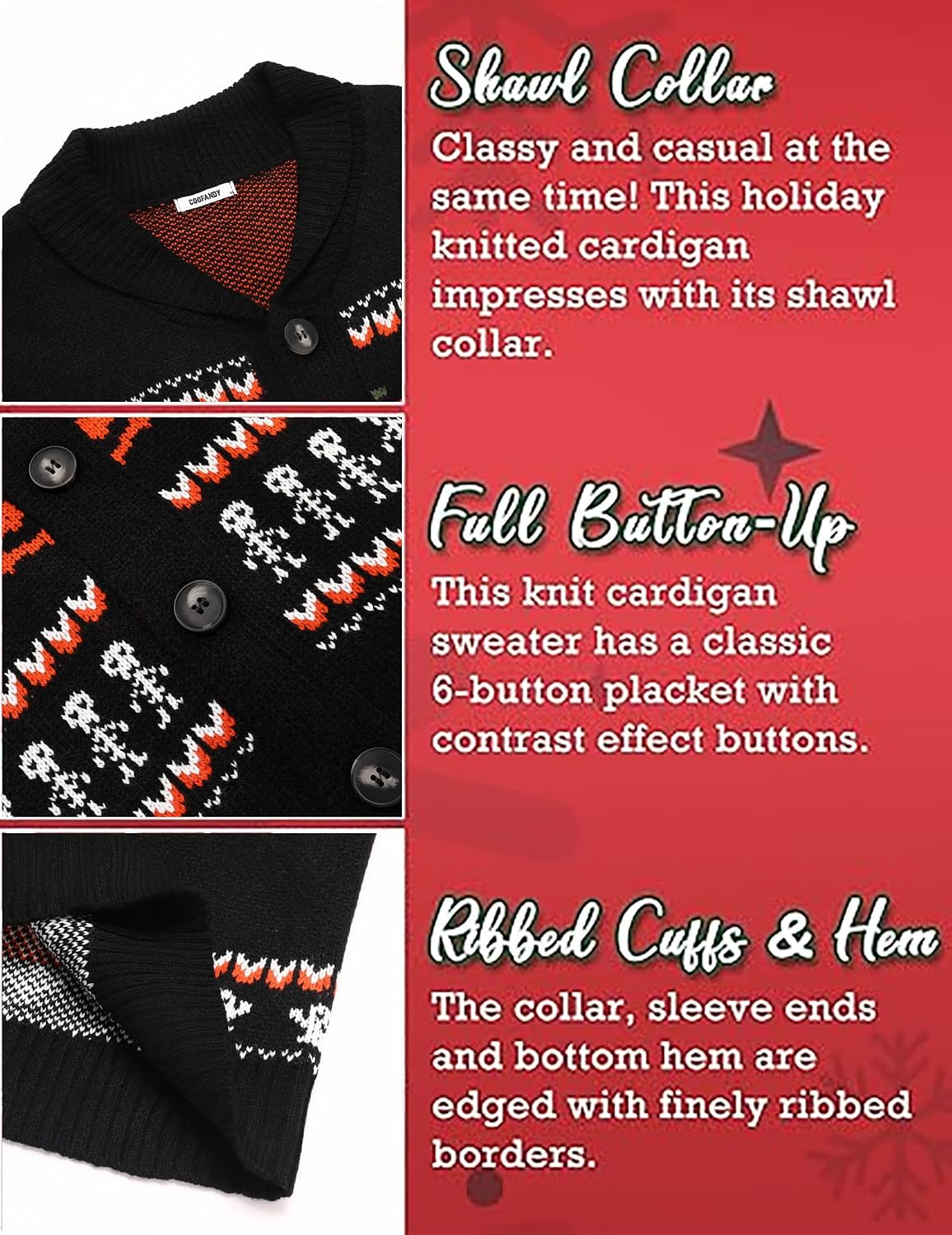 COOFANDY Mens Christmas Cardigan Sweater Shawl Collar Knitted Xmas Knitwear