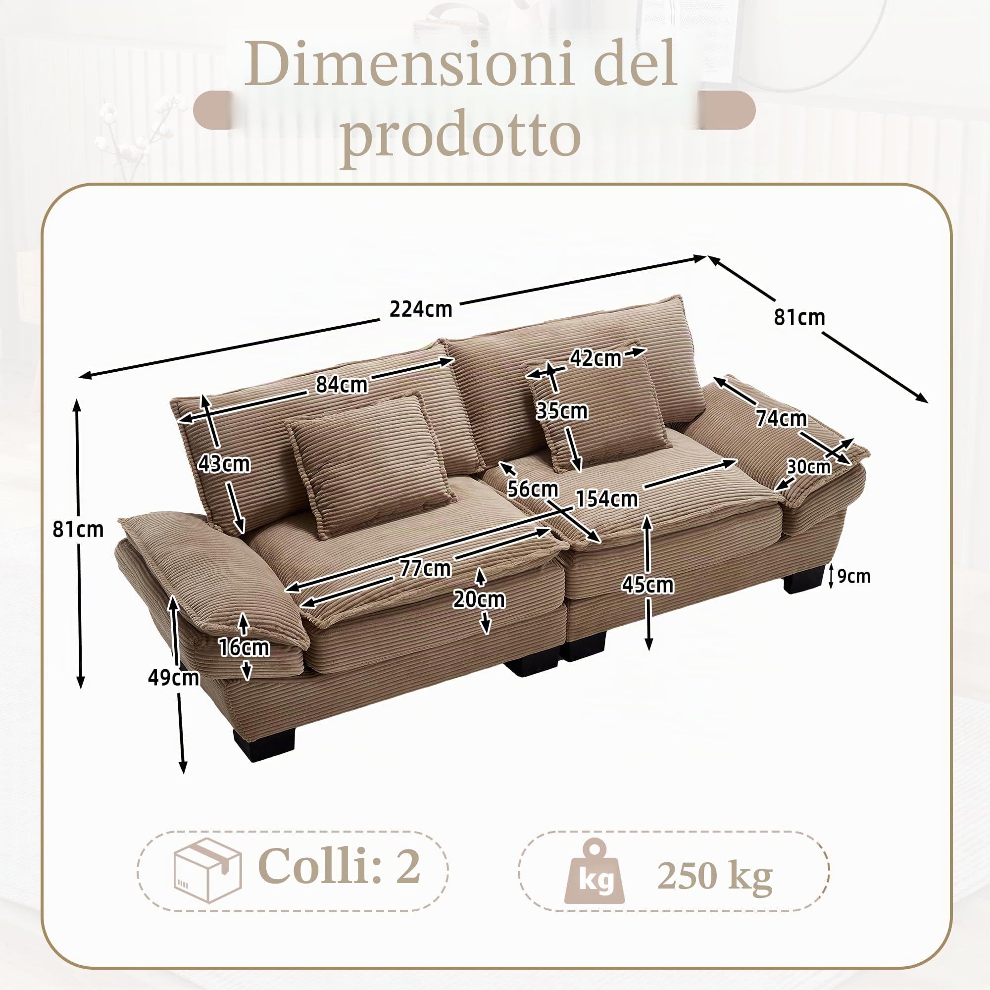TIZZ Un moderno, semplice divano a due posti con un materasso a molle, che richiede un solo cuscino, è accogliente, ma spazioso e capiente per il soggiorno/camera da letto/ufficio, Khaki