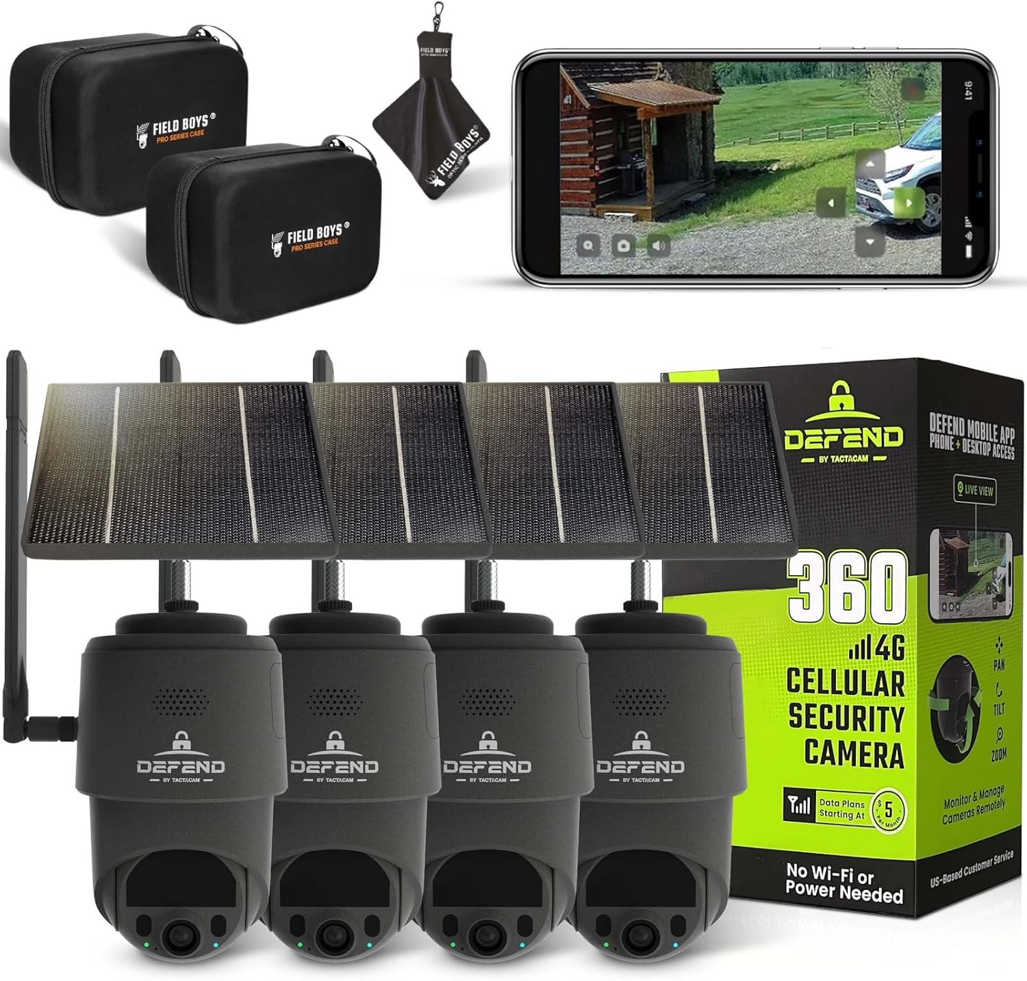 TACTACAM – Defend 360 Cellular Security Camera, 4K Photos, 1080p Video, Solar + Rechargeable Battery, 360° Pan/Tilt/Zoom, LTE Cellular, Motion Alerts, Weather Resistant Includes Case & Cloth (4PK)