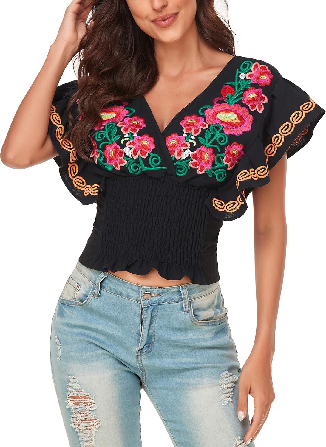 YZXDORWJ Women Mexican Embroidered Off-Shoulder Shirt Lace Falbala Top - Image 5