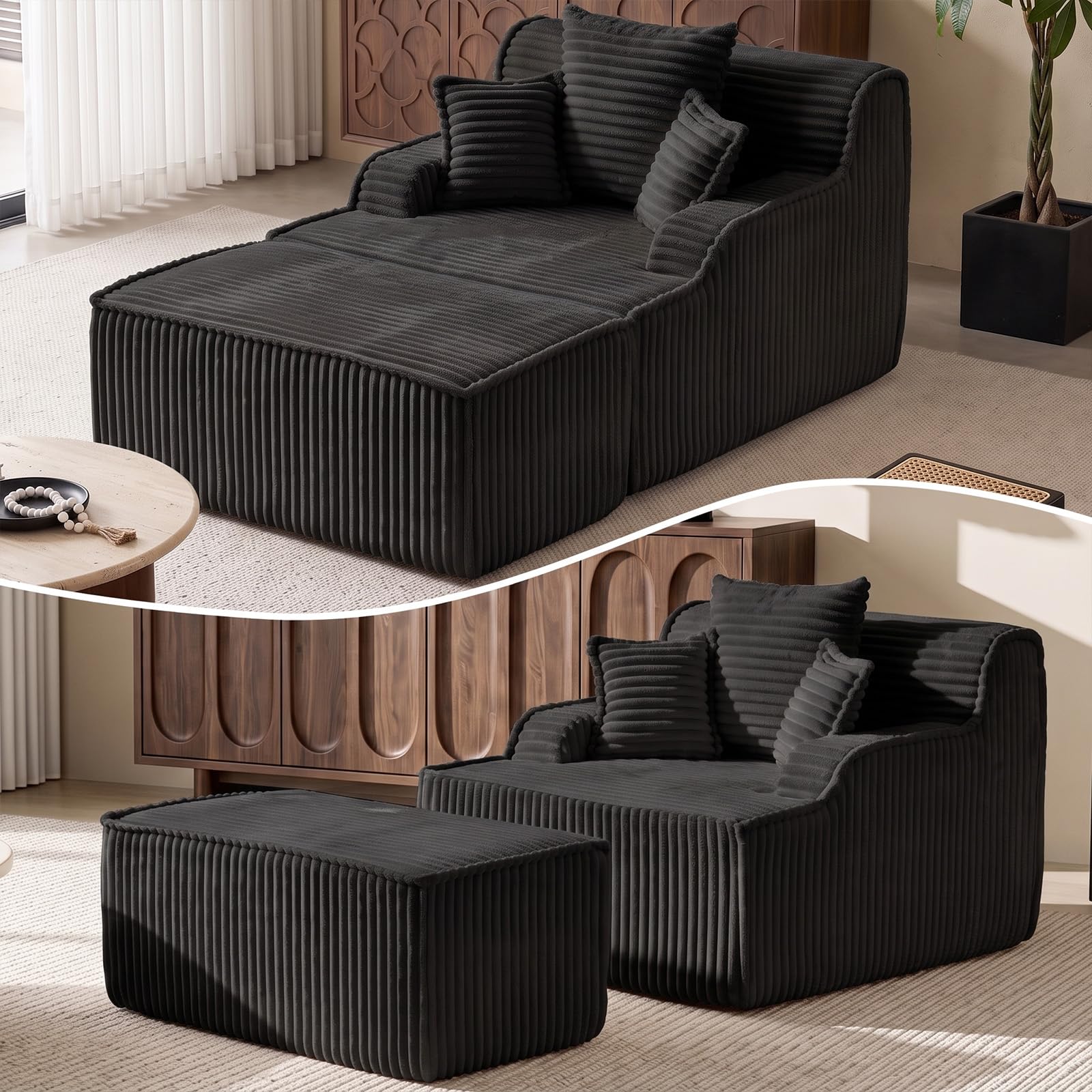 View 1 of ***TRUCK/TRAILER PICKUP ONLY***JUIKURY Oversized Chaise Lounge Chair Indoor, Corduroy Boneless Couch Sofa Bed, Cloud Lounge Chair Reading Chair With Pillow&Removed Ottoman, Deep Seat Sleeper Chair Bed For Living Room,Bedroom(Black)