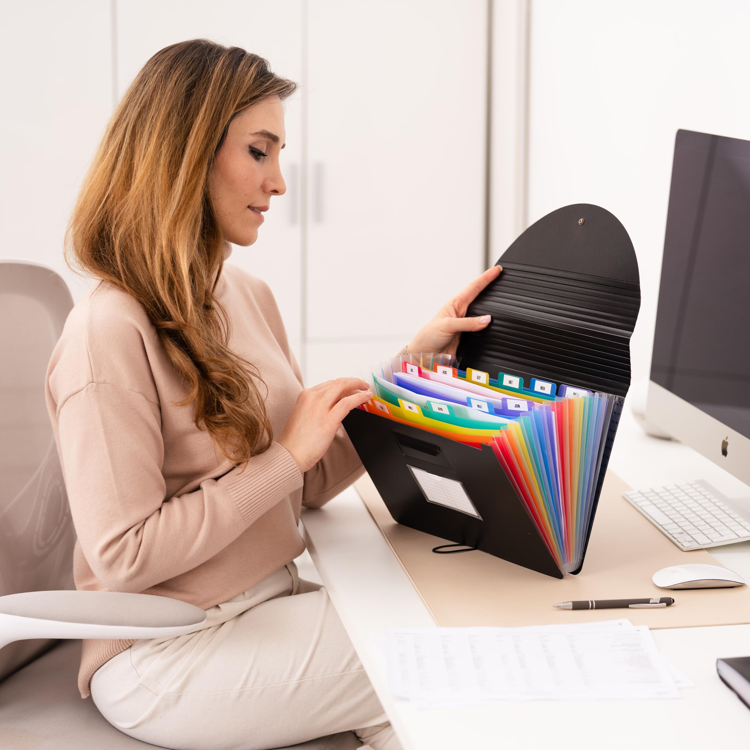 Document Folder A4 12-Pocket Accordion File Organizer Holds Up to 1,500 Sheets Durable Expanding File Folder with Color Tabs Document Case for Office, School, College & Home Black - Image 2